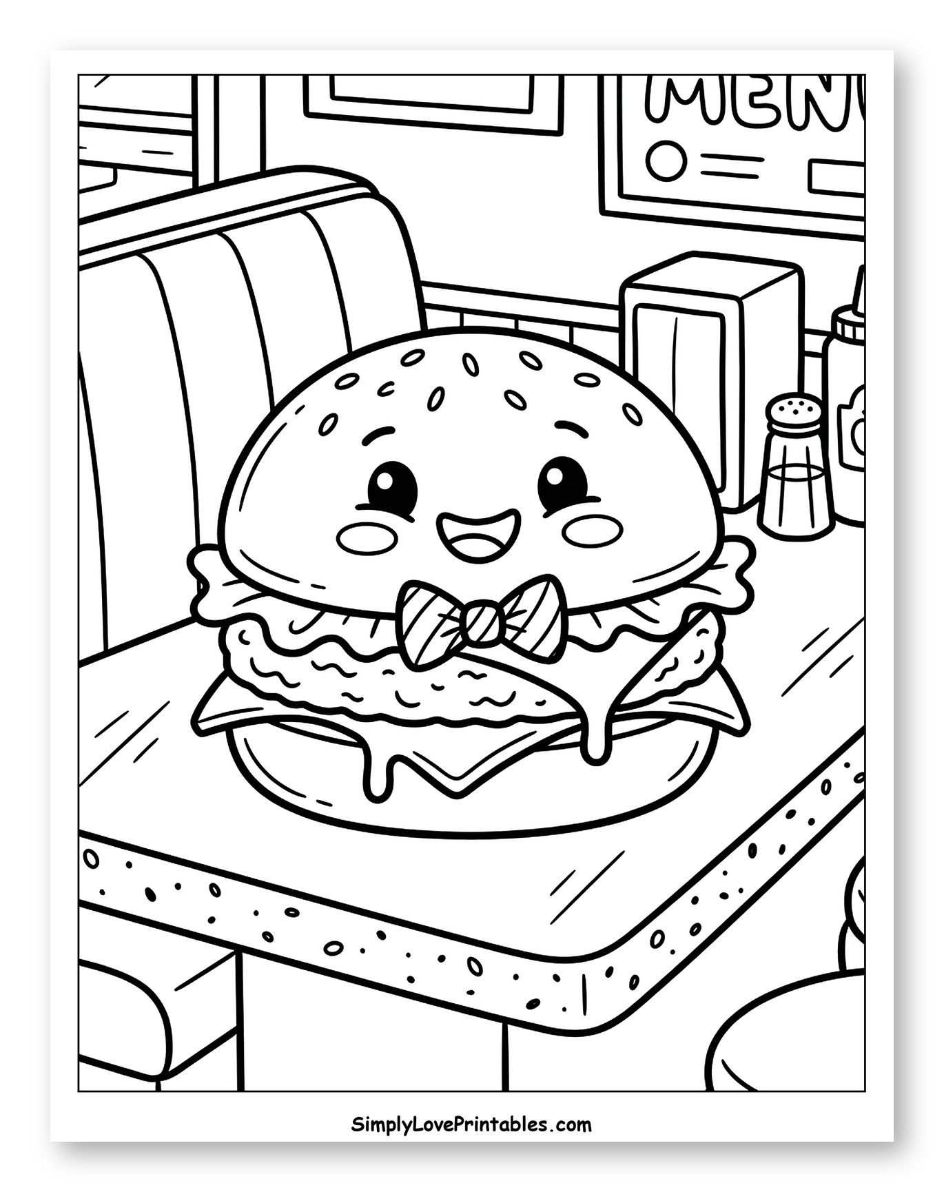 Kawaii Cheeseburger with Bow Tie Dining Coloring Page for Kids