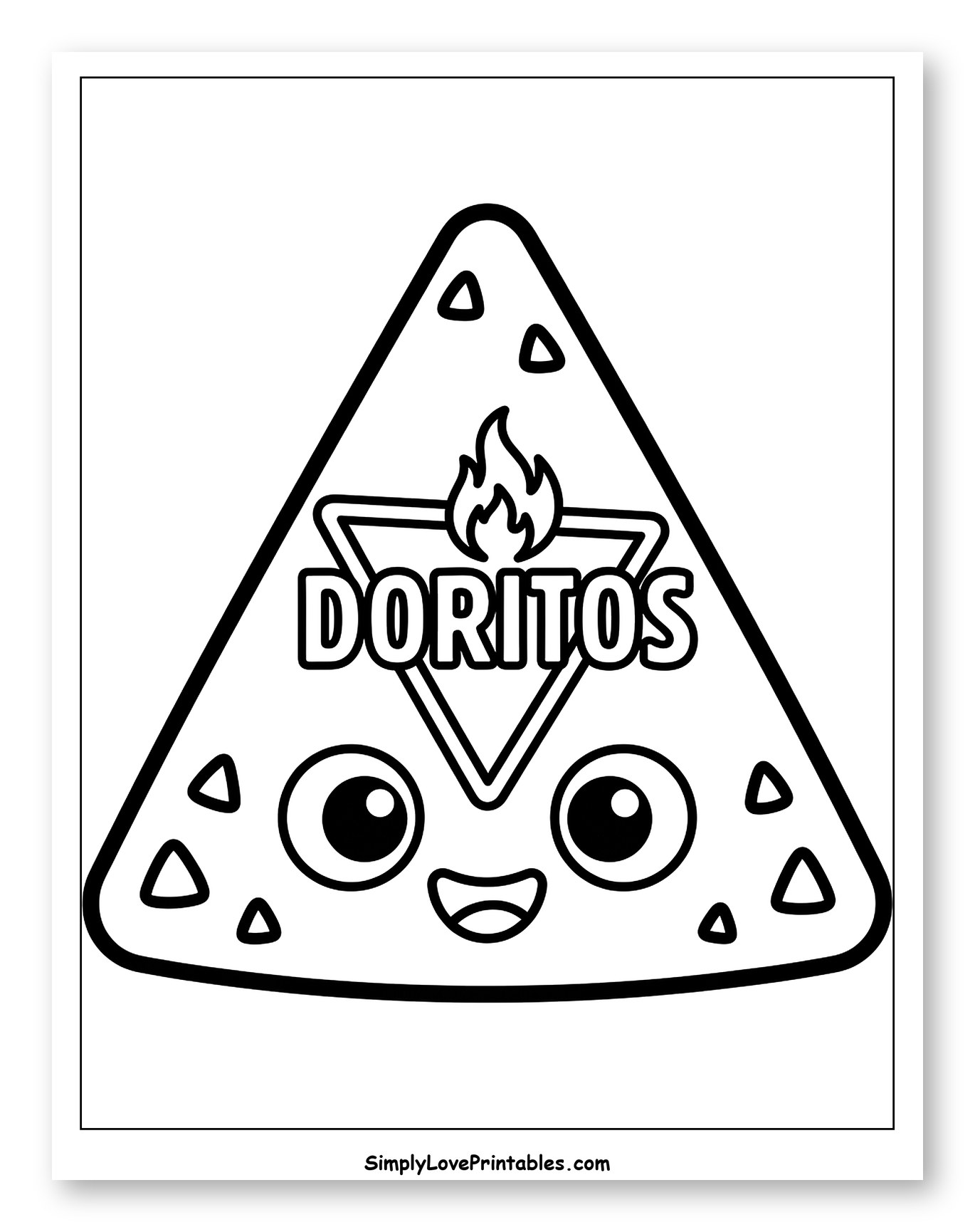 Kawaii Dorito Chip with Flame Logo Coloring Sheet for Toddlers