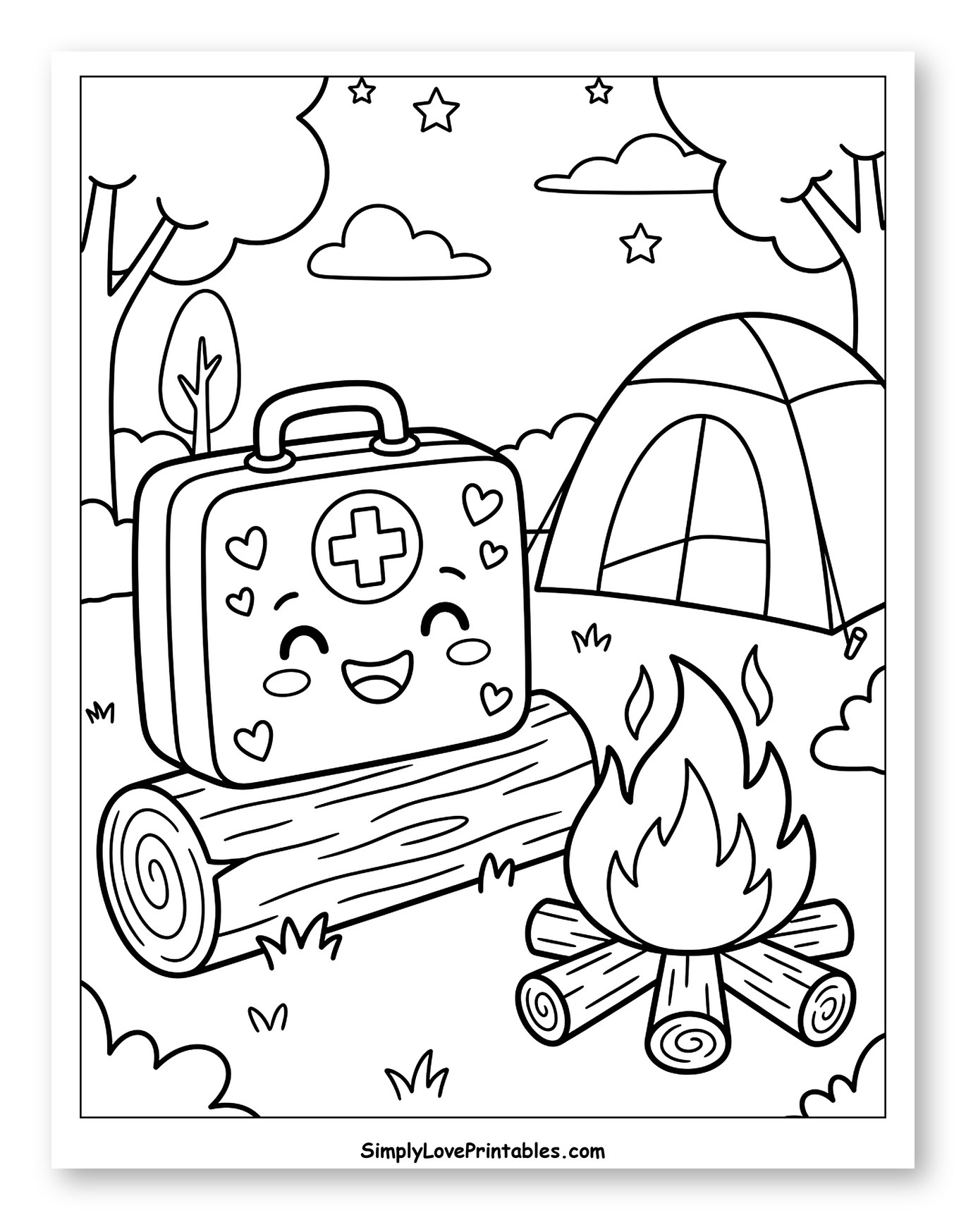 Kawaii First Aid Kit Camping Scene Coloring Sheet for Kids