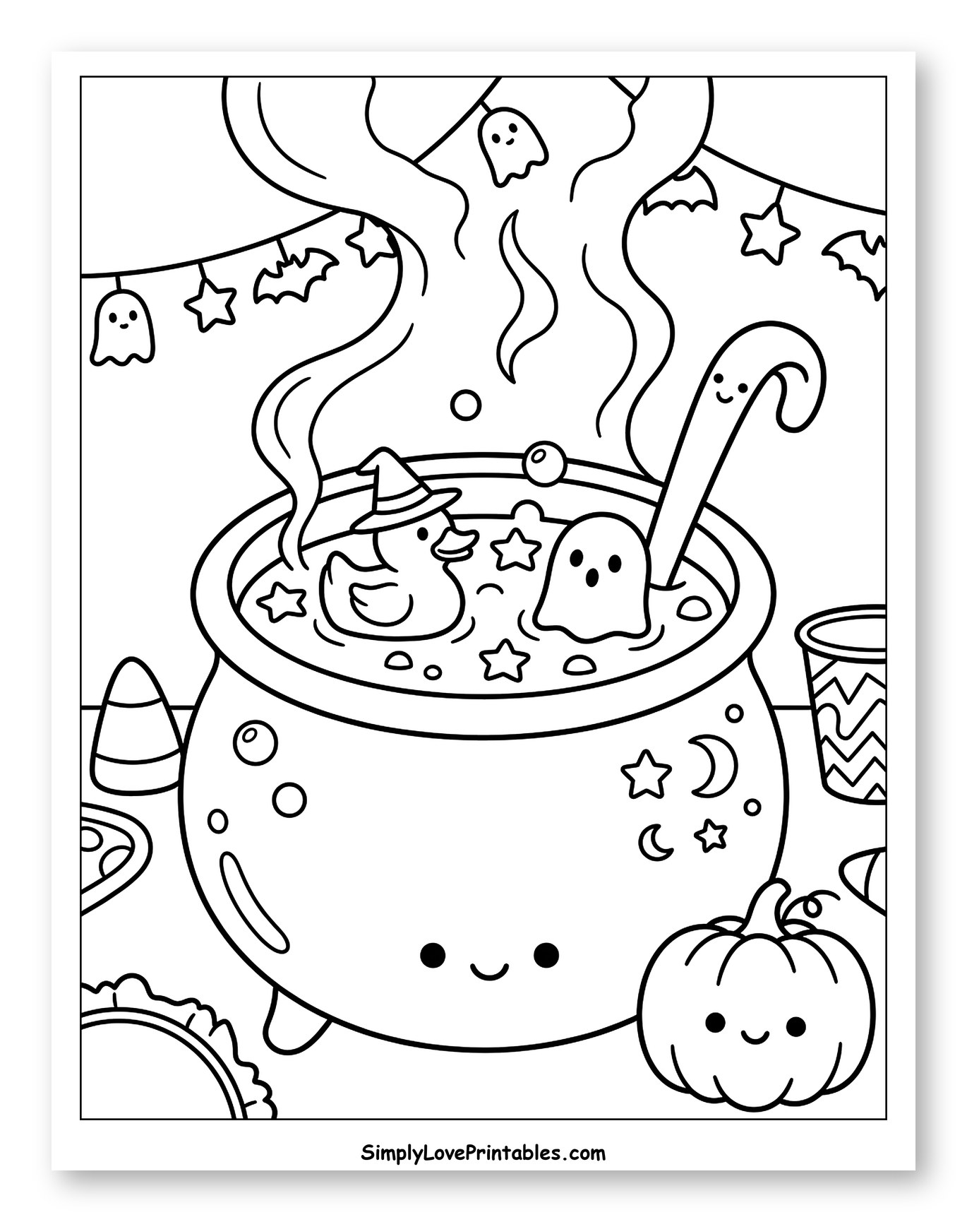Kawaii Halloween Cauldron with Friends Coloring Sheet for Kids