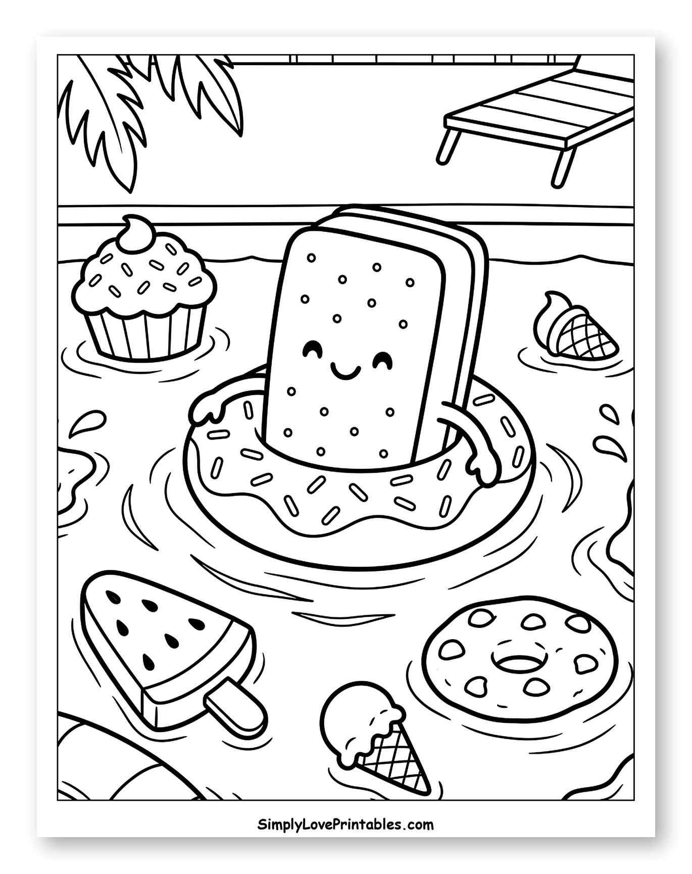Kawaii Ice Cream Sandwich Pool Party to Color for Kids