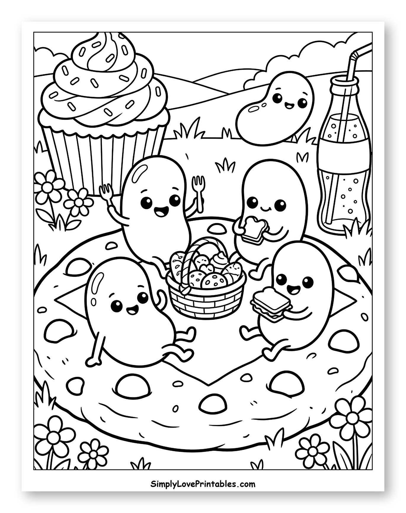 Kawaii Jelly Beans Picnic with Cupcake Coloring Sheet for Kids