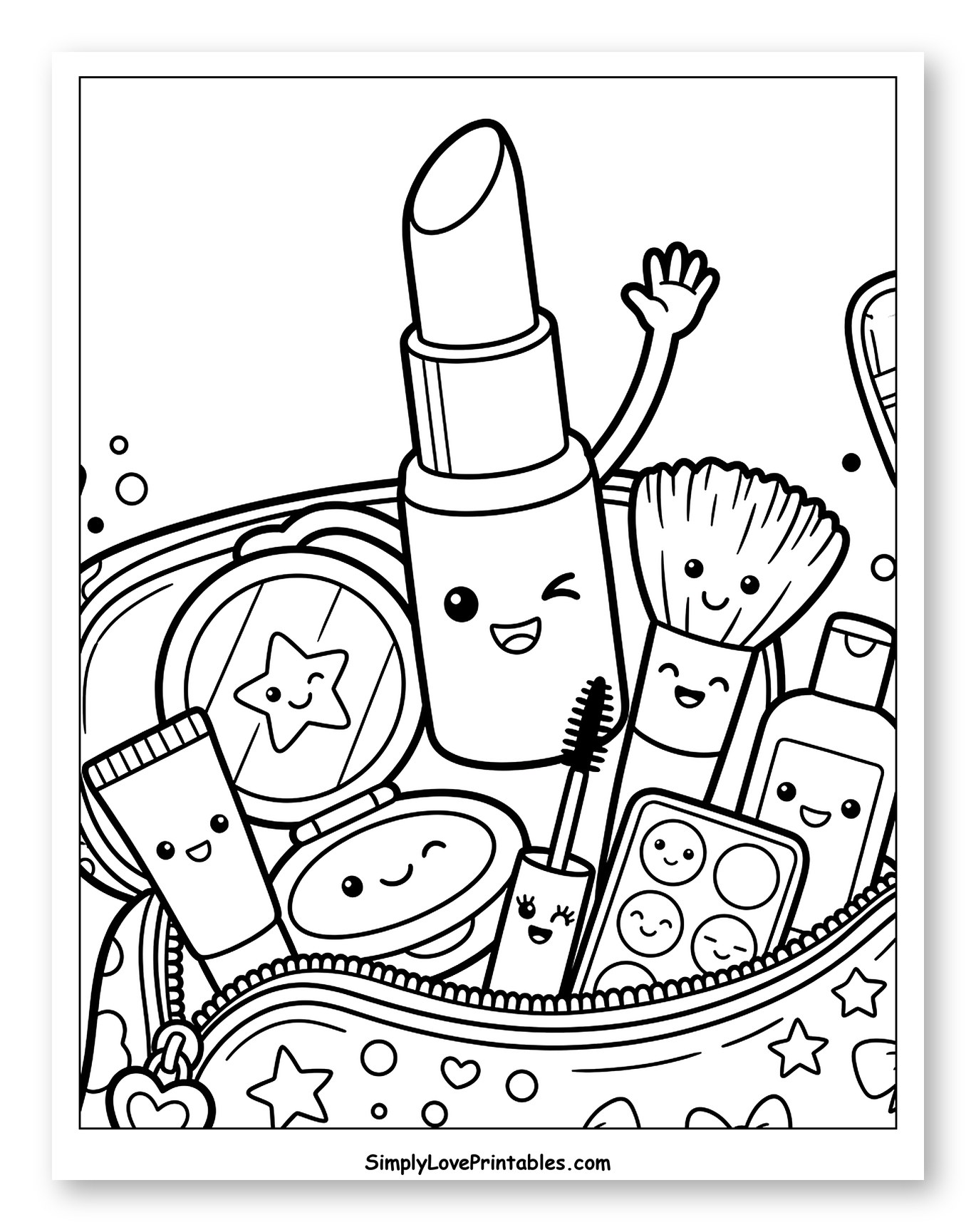 Kawaii Makeup Bag with Happy Cosmetics Coloring Page for Kids