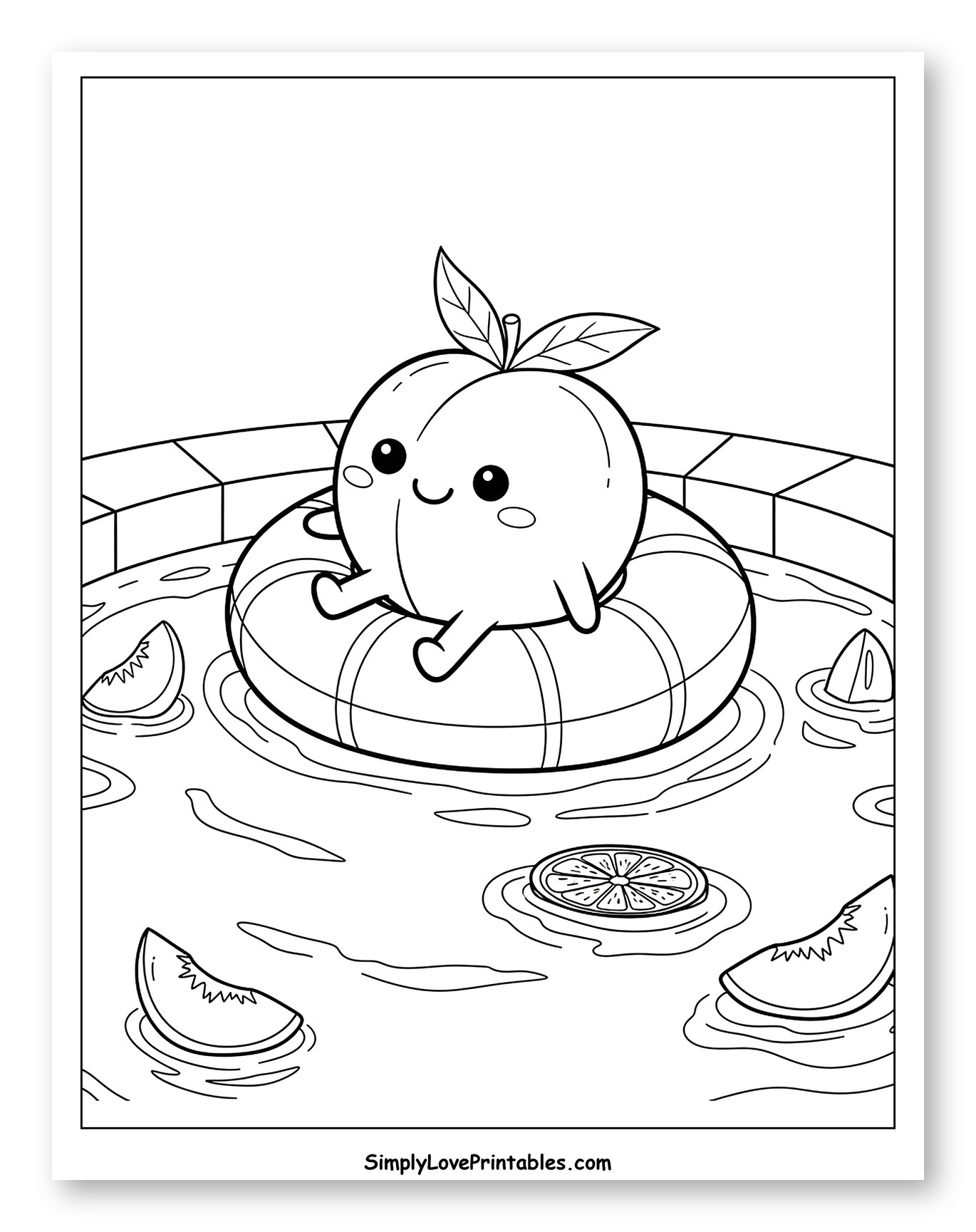 Kawaii Peach Relaxing in Pool with Fruit Coloring Page for Kids