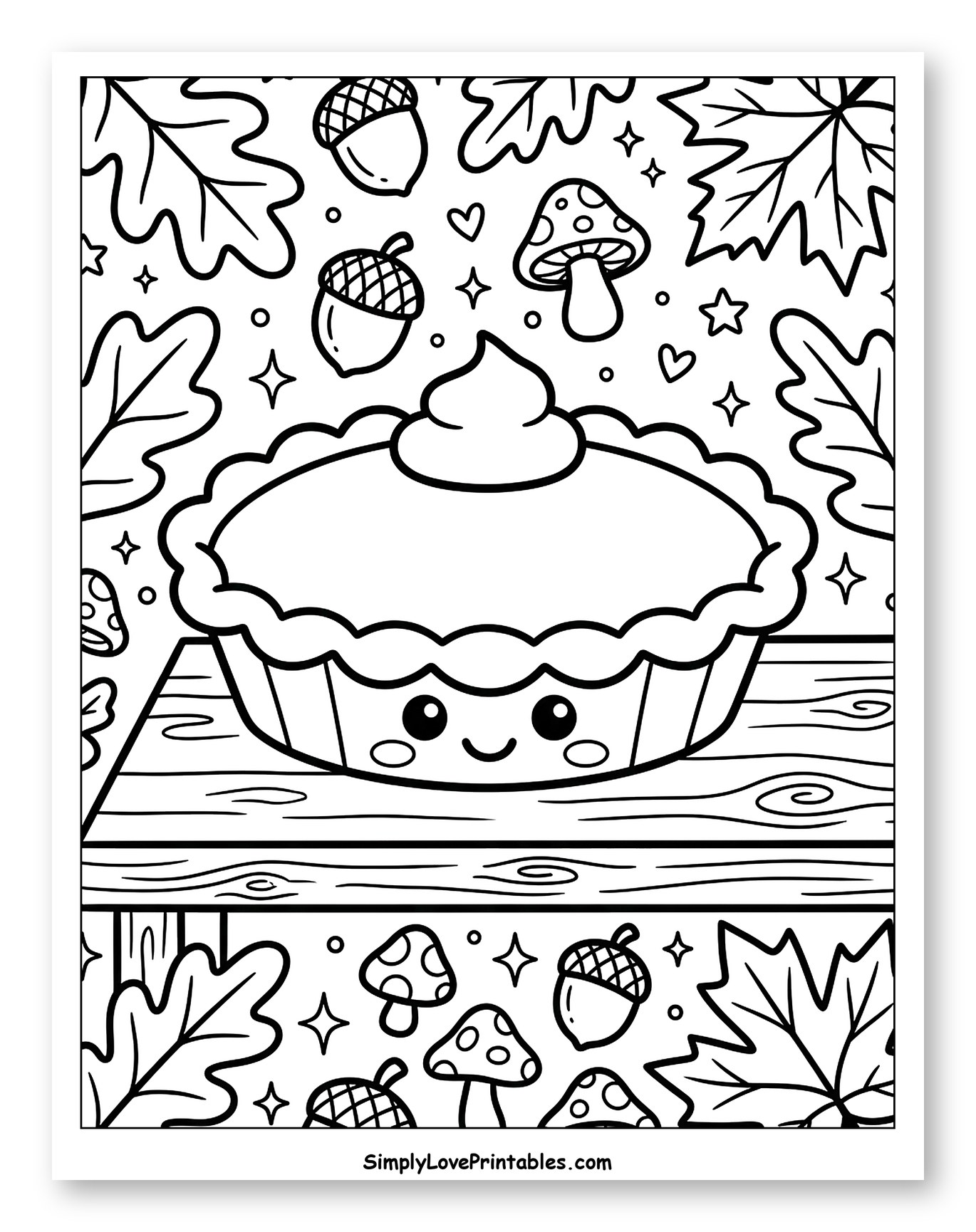 Kawaii Pie Surrounded by Fall Leaves and Acorns Coloring Page for Adults