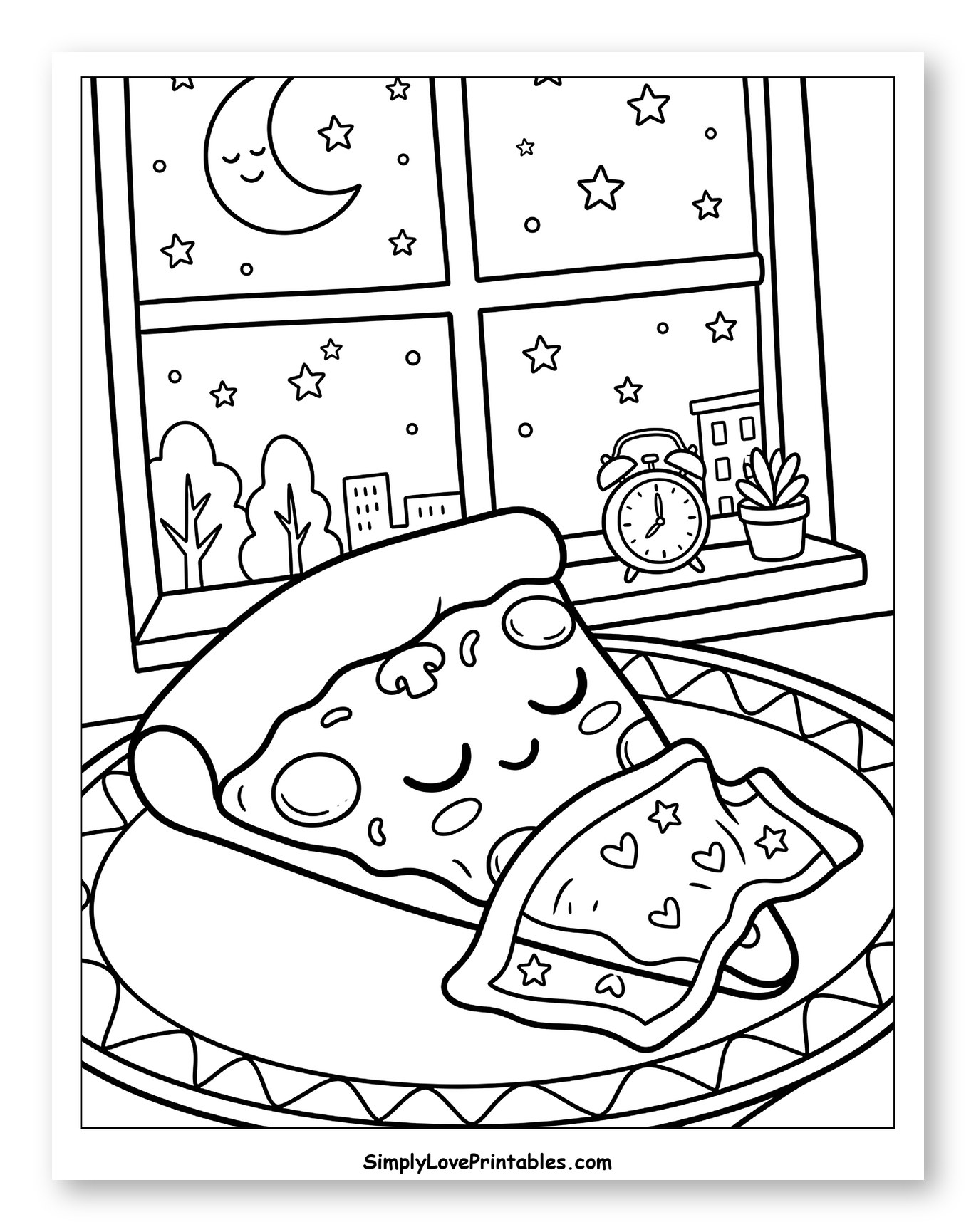 Kawaii Pizza Slices on a Plate at Night Coloring Page for Kids