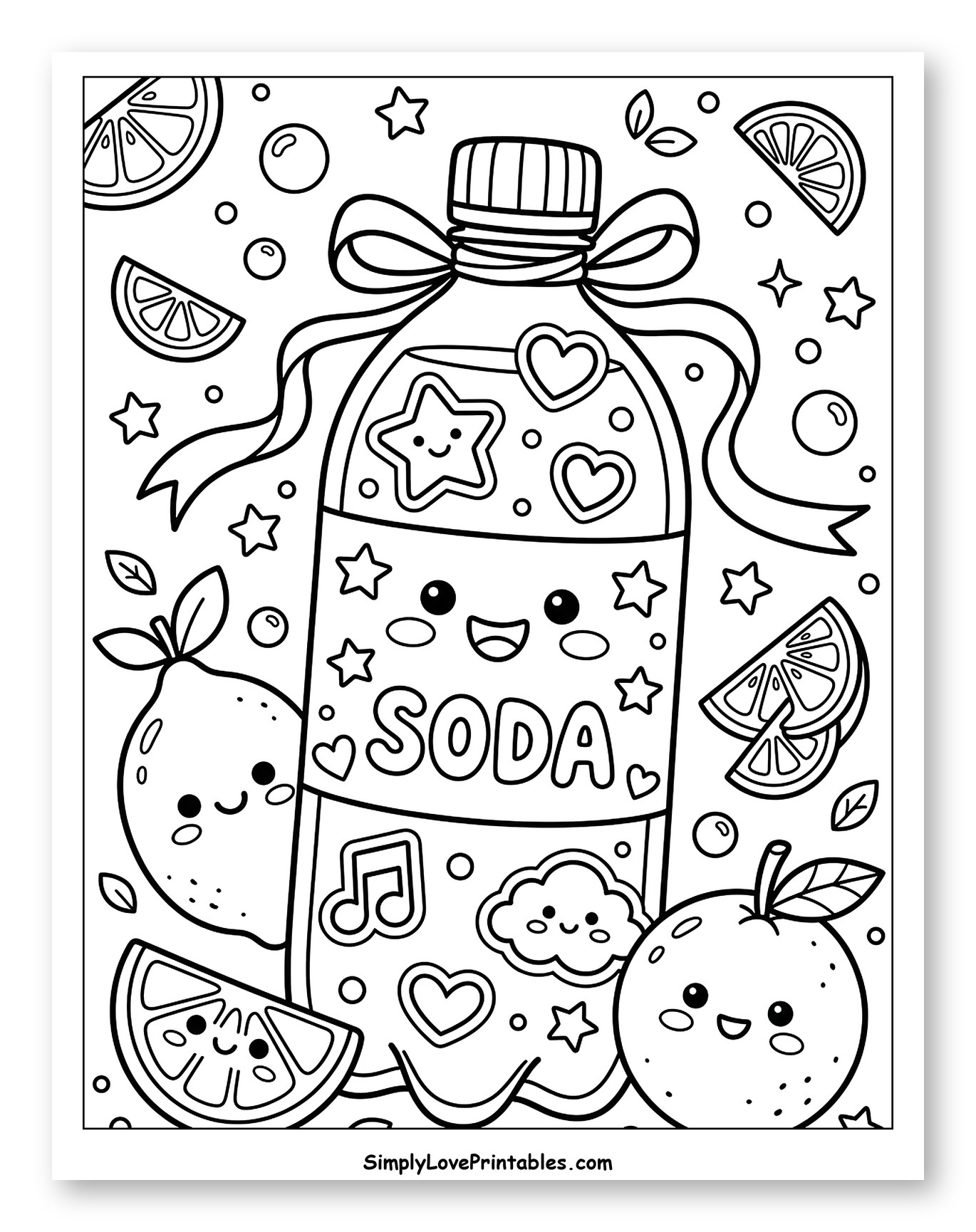 Kawaii Soda Bottle and Smiling Fruits to Color for Kids