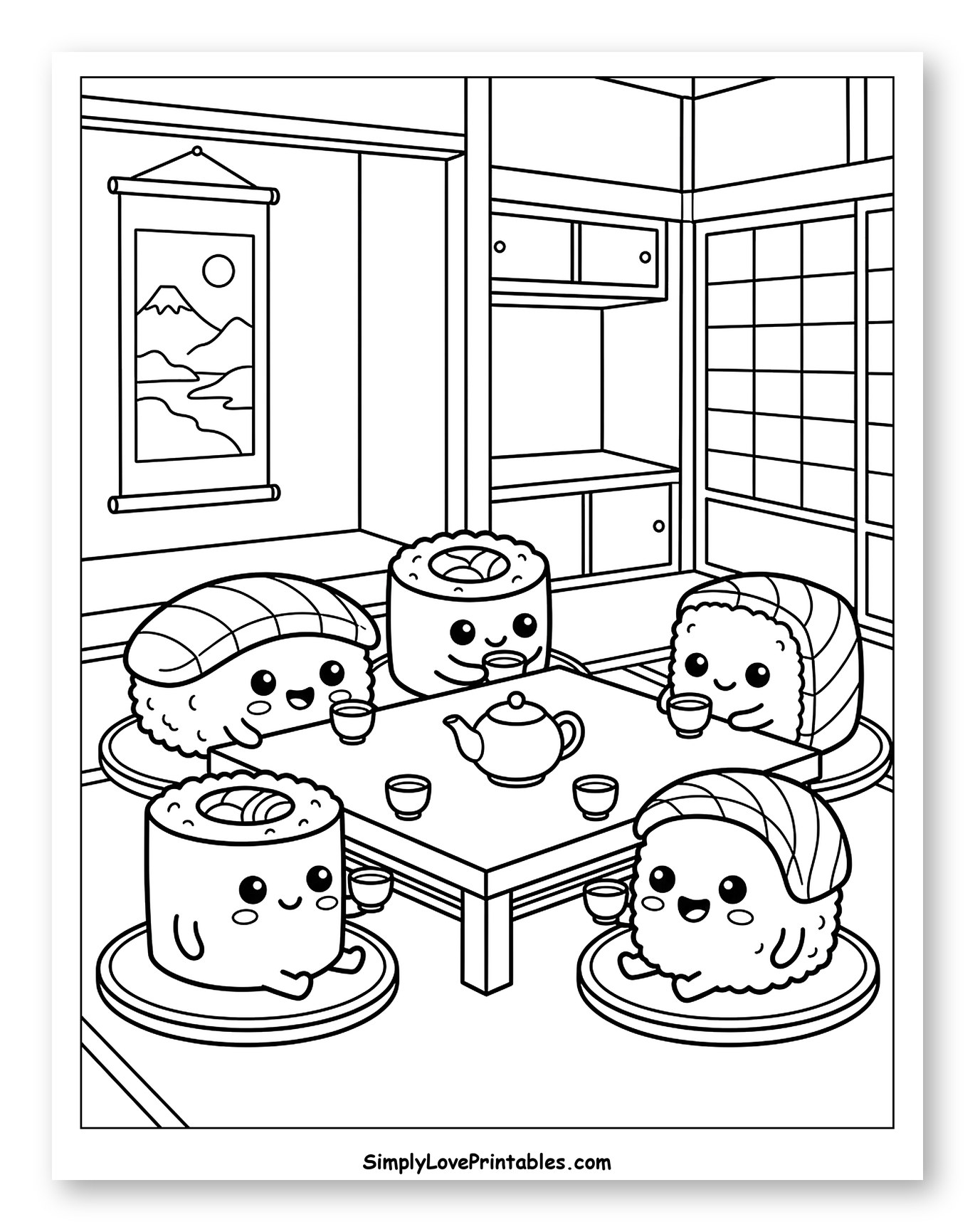 Kawaii Sushi Friends Enjoying Tea Time Coloring Sheet for Kids