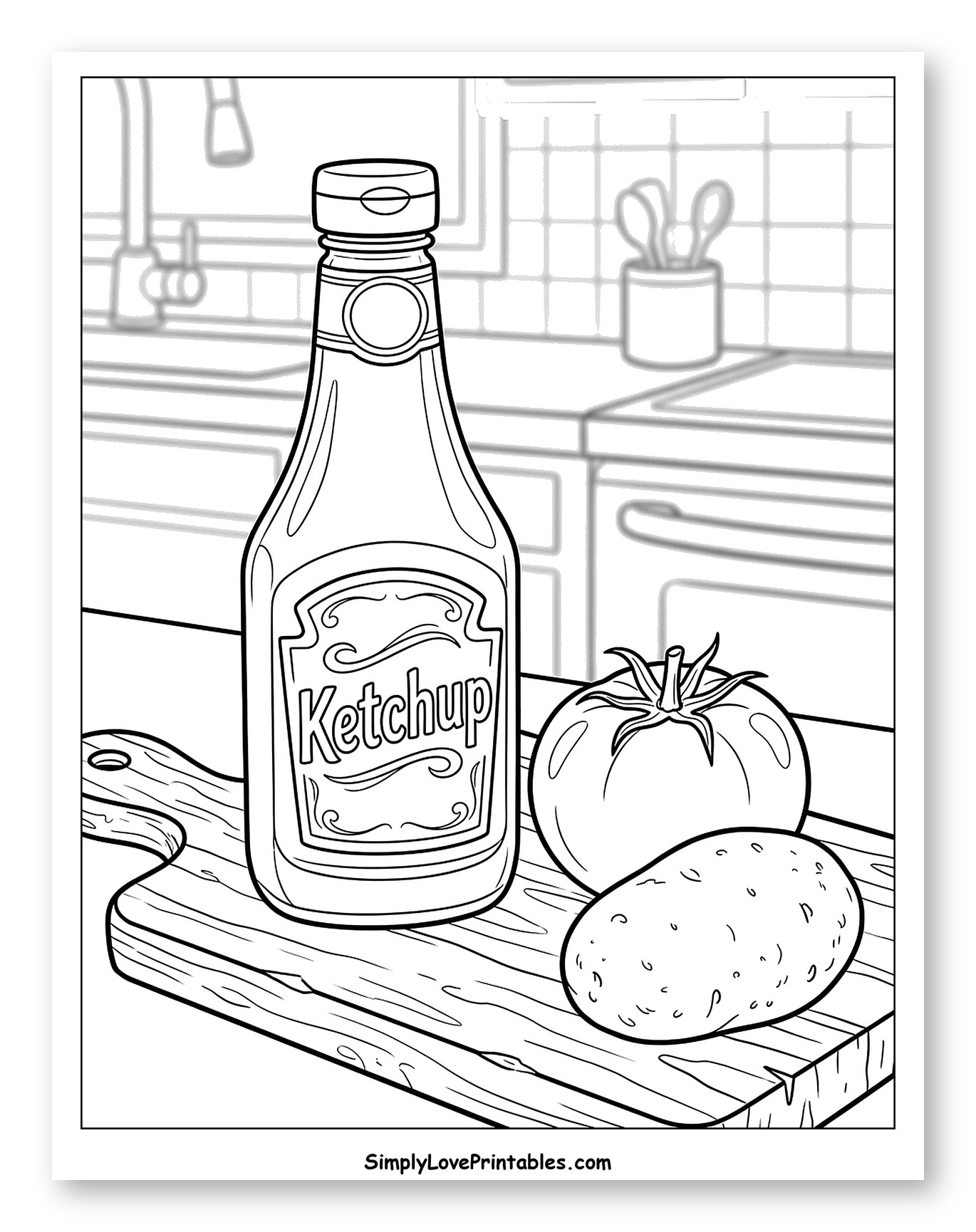 Ketchup Bottle with Tomato and Potato Coloring Sheet