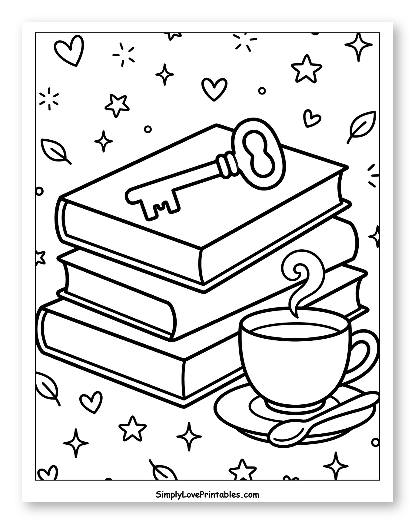 Key on Stack of Books with Steaming Cup to Color for Adults