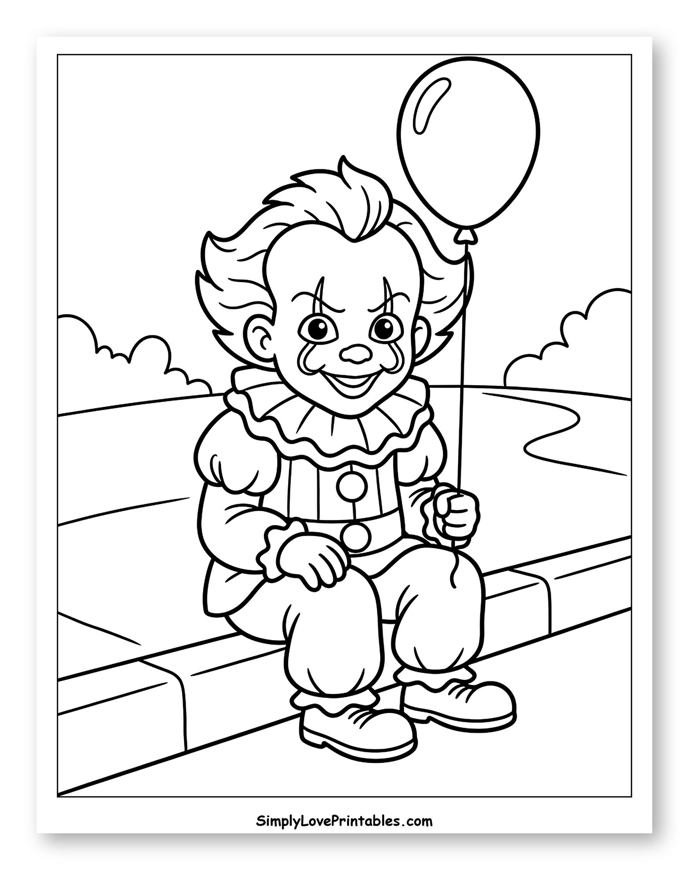 Kid-Friendly Pennywise Clown Sitting on Curb