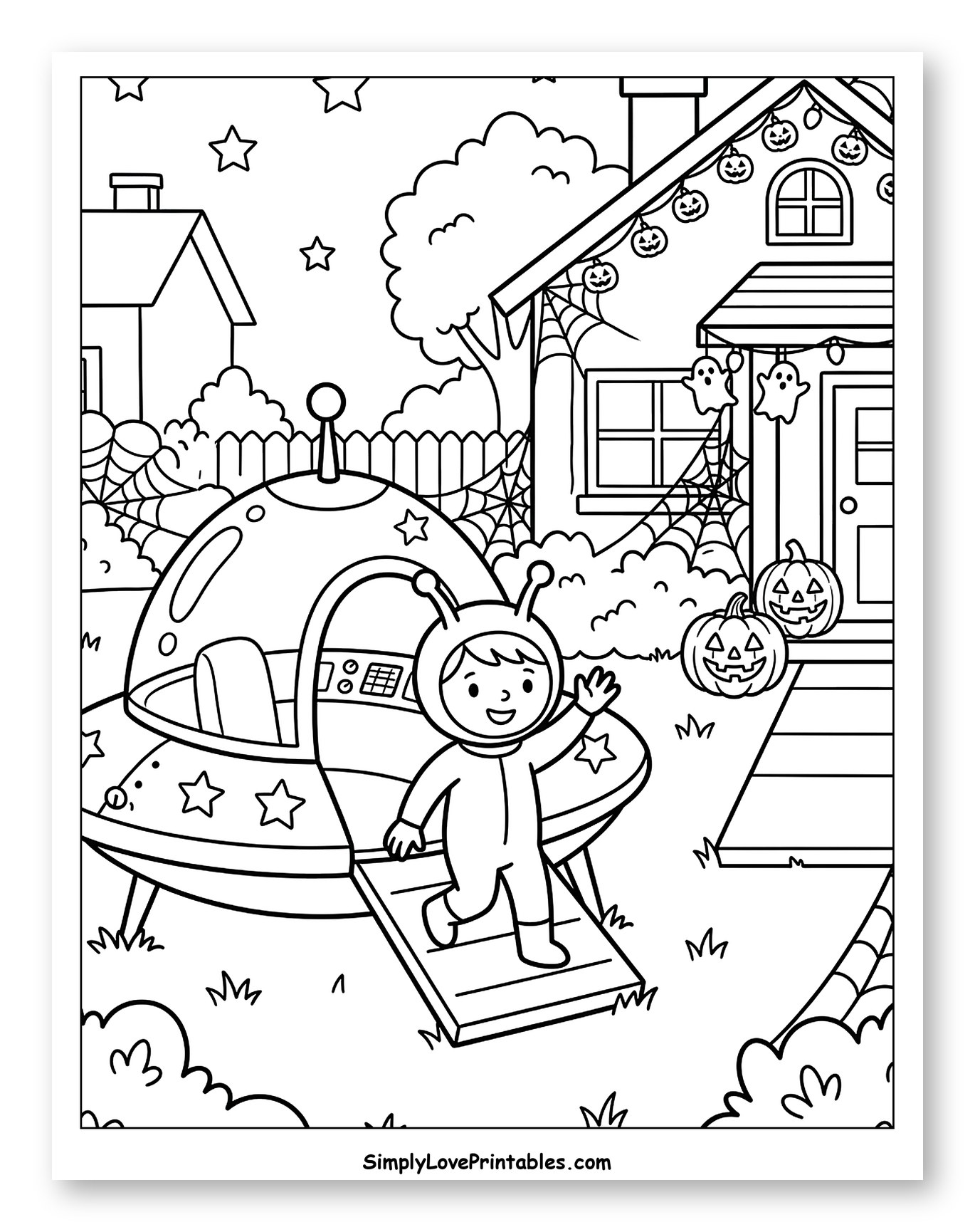 Kid in Alien Costume by Decorated Halloween House to Color for Kids