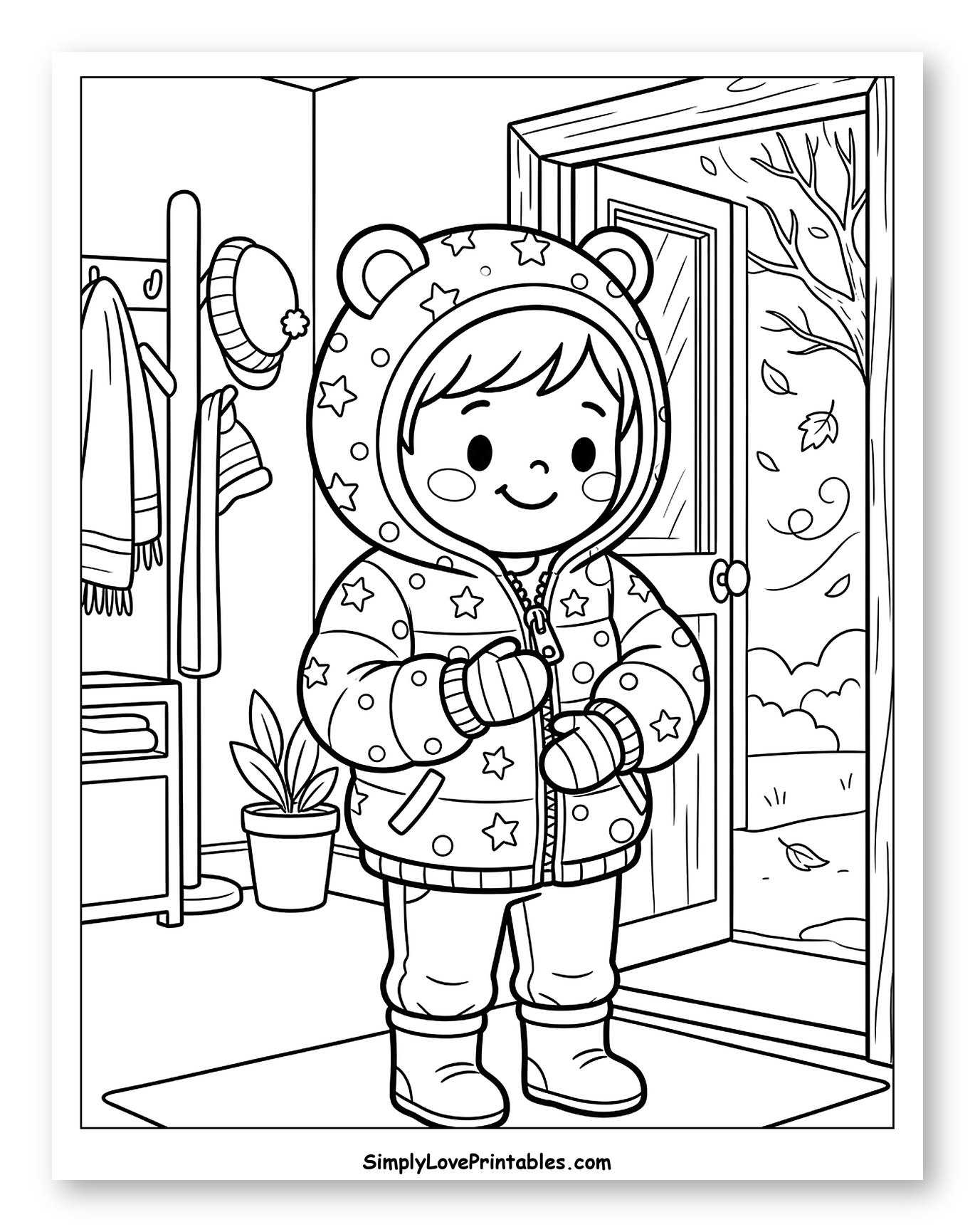 Kid in Starry Bear Coat by Open Door