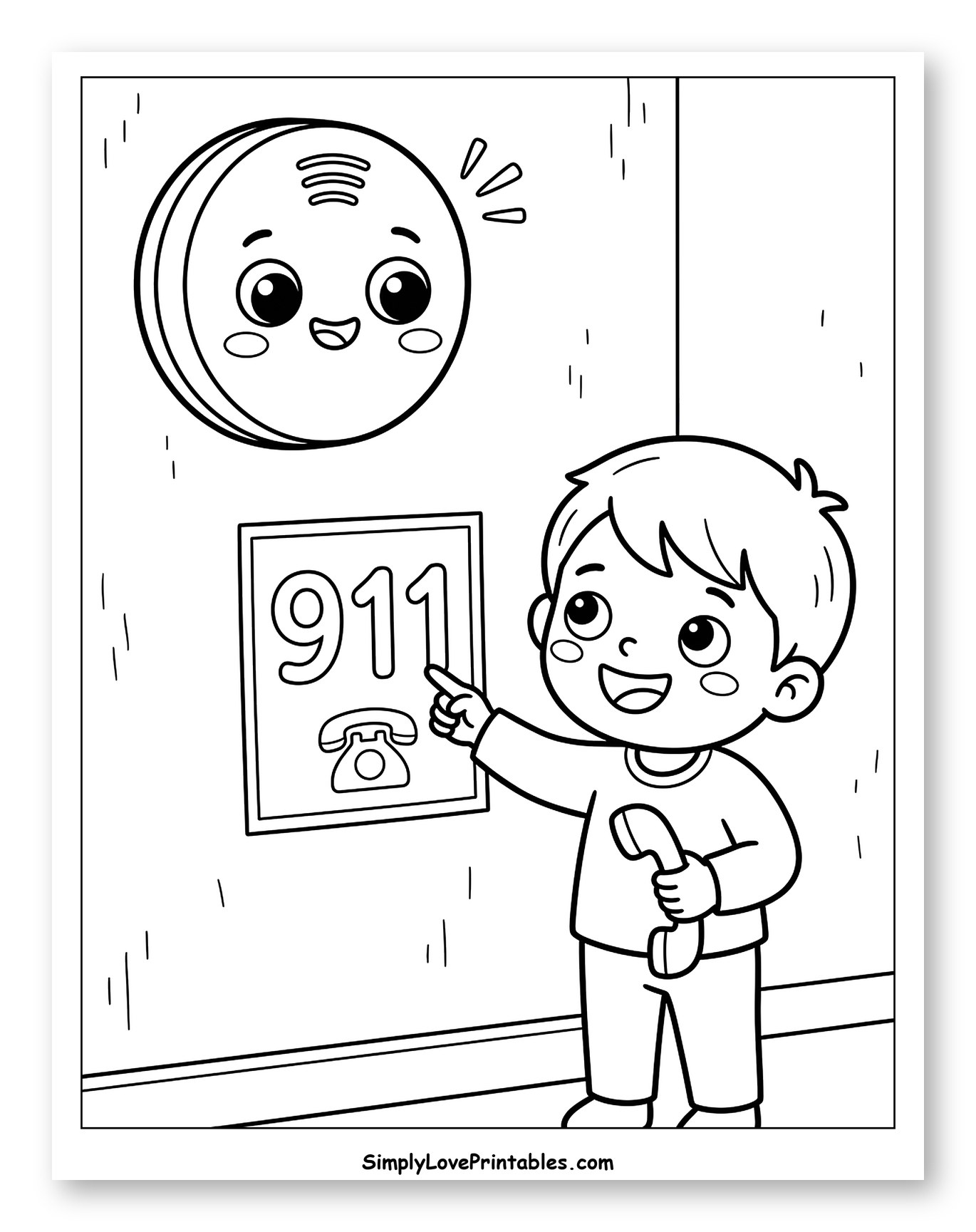 Kid Learning to Call 911 with Smoke Detector Coloring Sheet for Kids