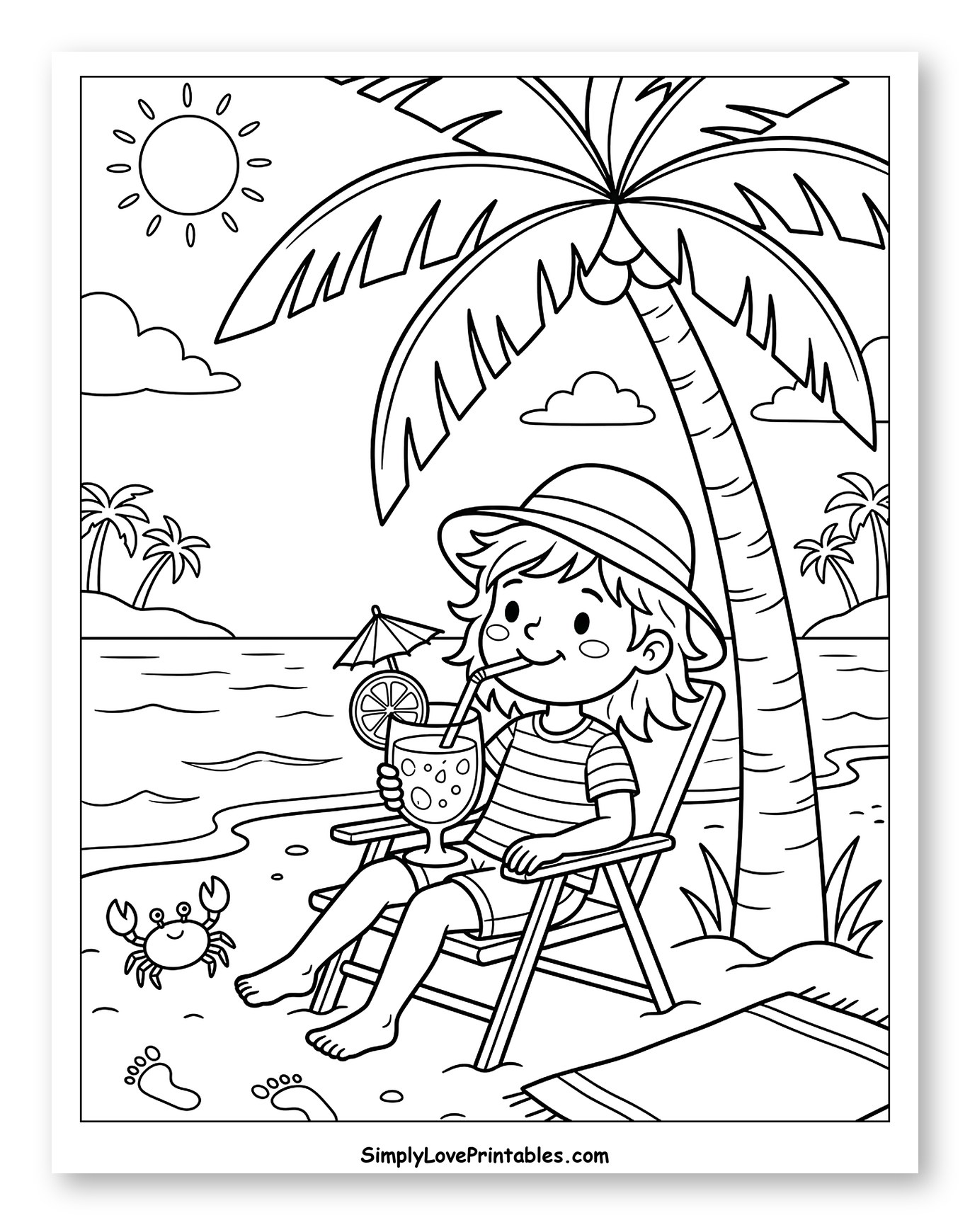 Kid Relaxing on Beach Under Palm Tree