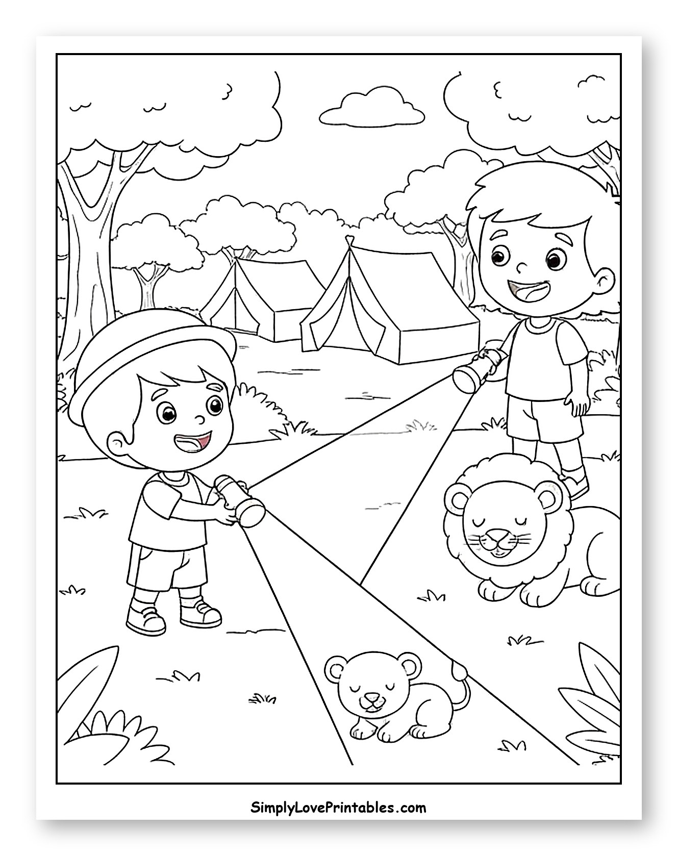 Kids Camping at Night with Lions