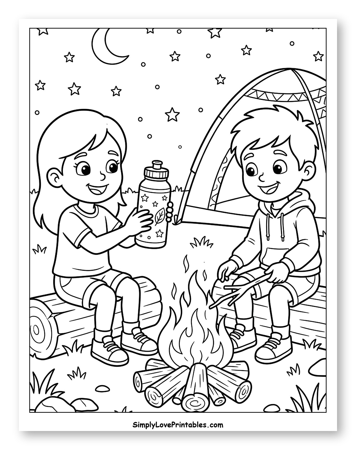 Kids Camping with Campfire Under Starry Sky