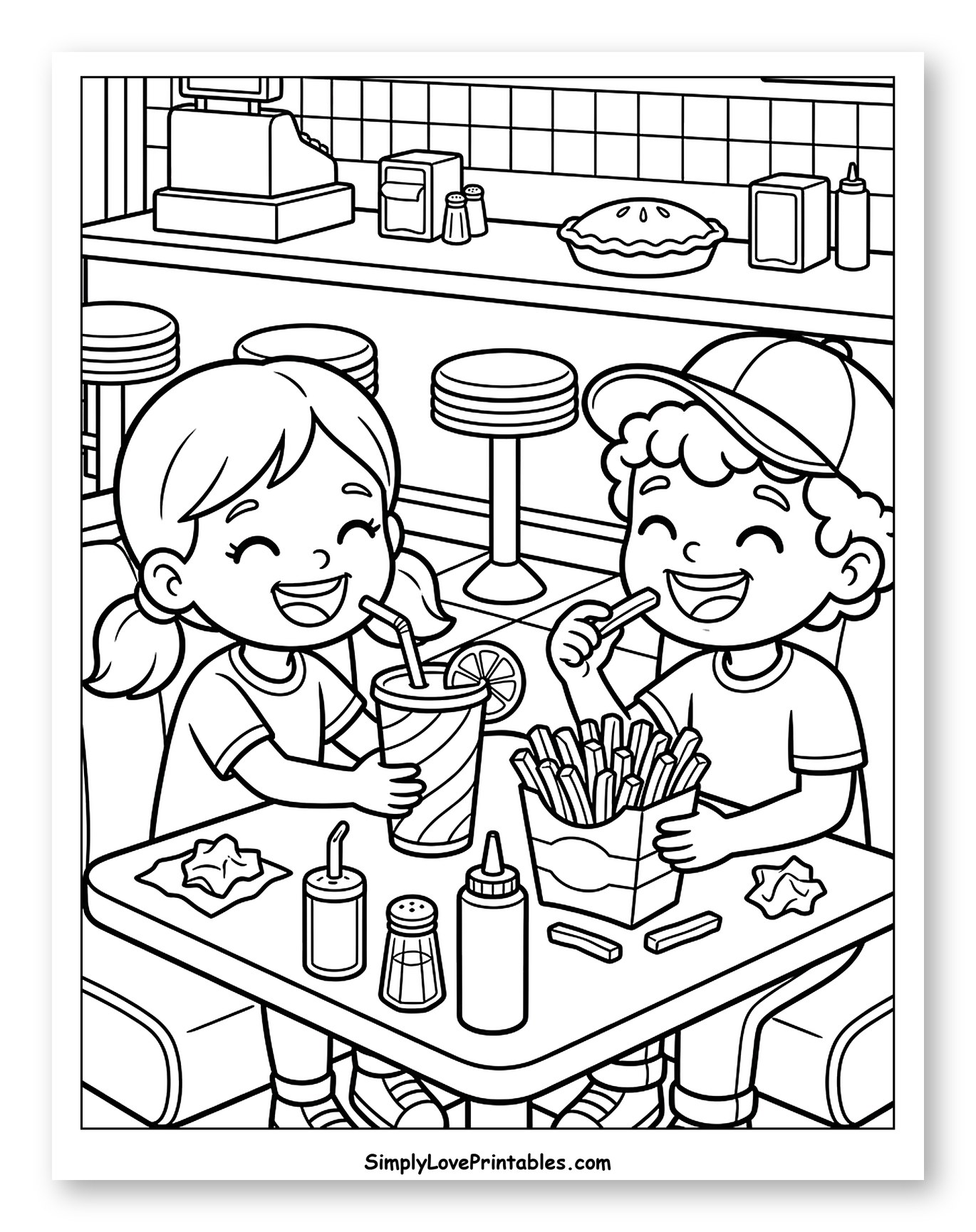 Kids Eating French Fries and Soda at Diner to Color for Kids