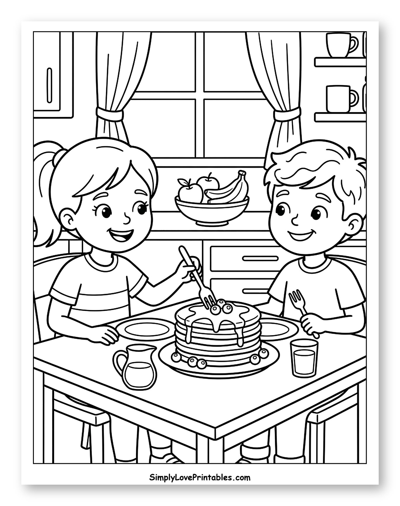 Kids Eating Pancakes at the Table Coloring Sheet for Kids