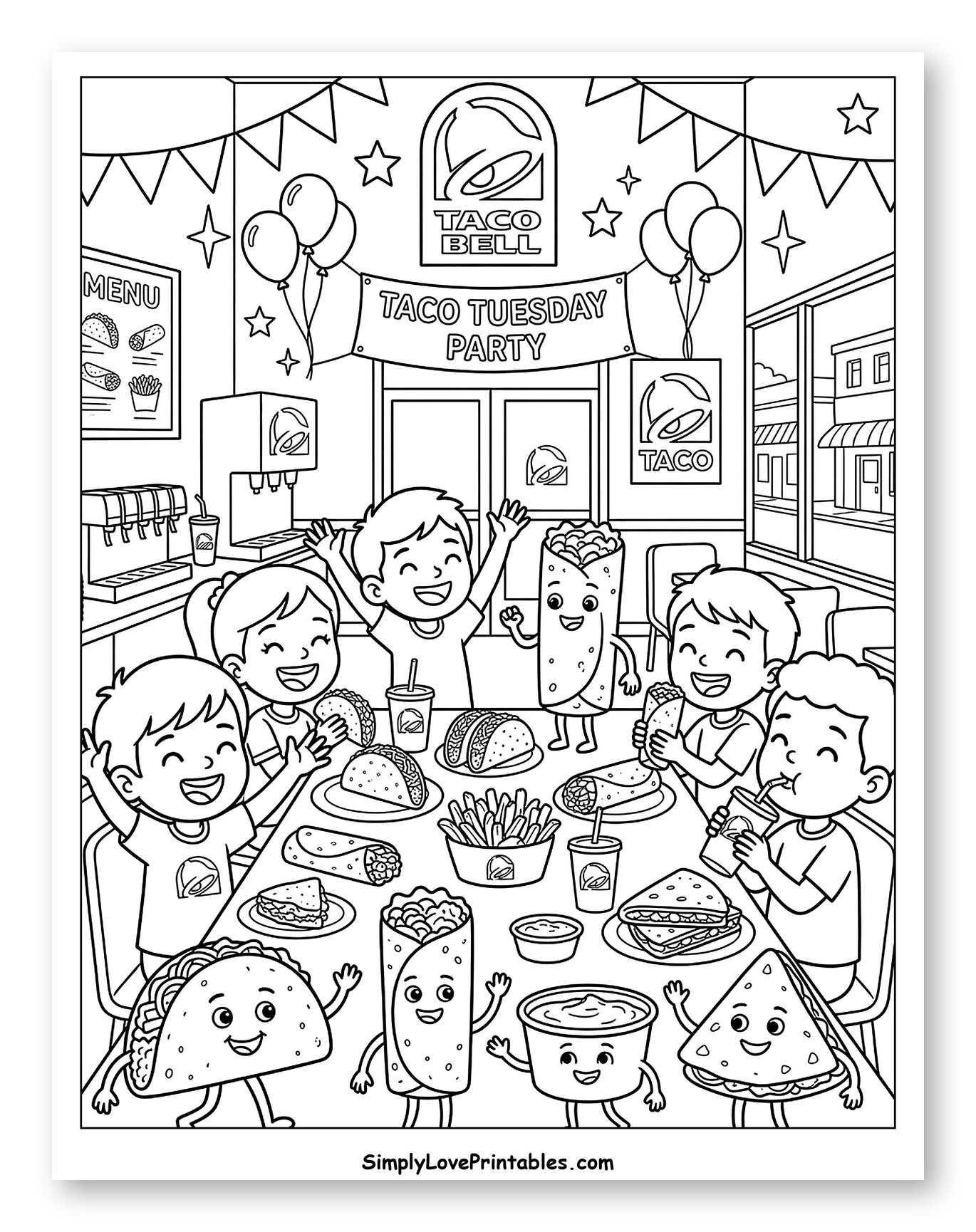 Kids Enjoying a Taco Tuesday Party Coloring Page for Kids