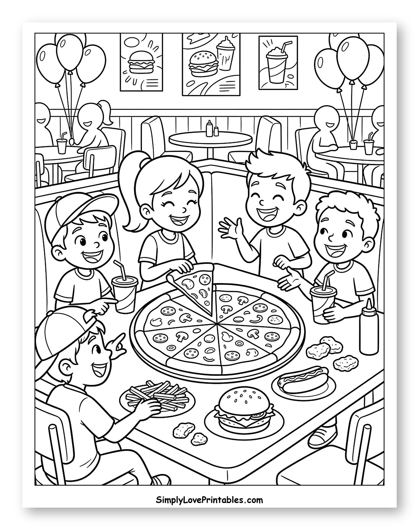 Kids Enjoying Pizza and Fast Food to Color for Kids