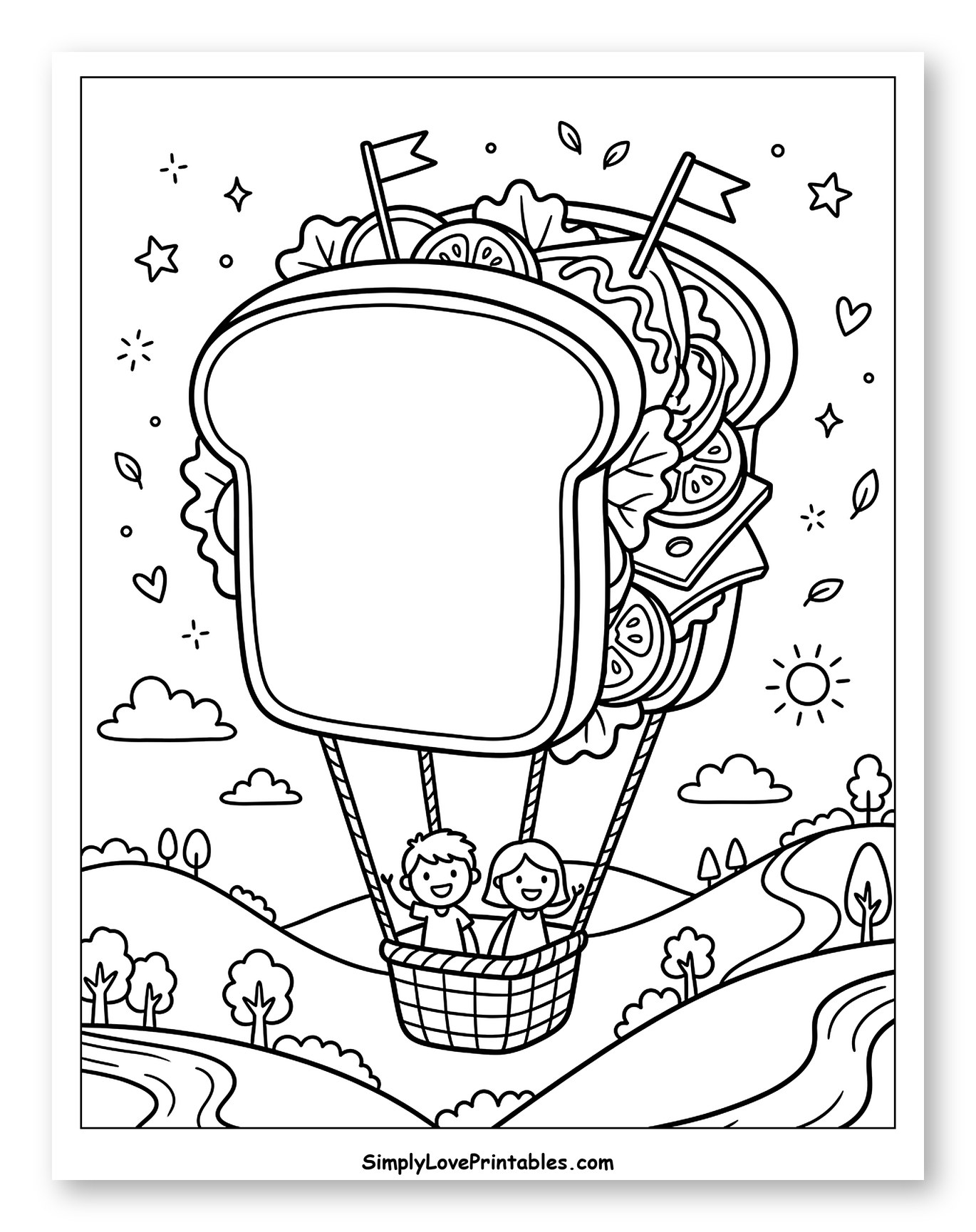 Kids Flying in a Sandwich Hot Air Balloon Coloring Sheet for Adults