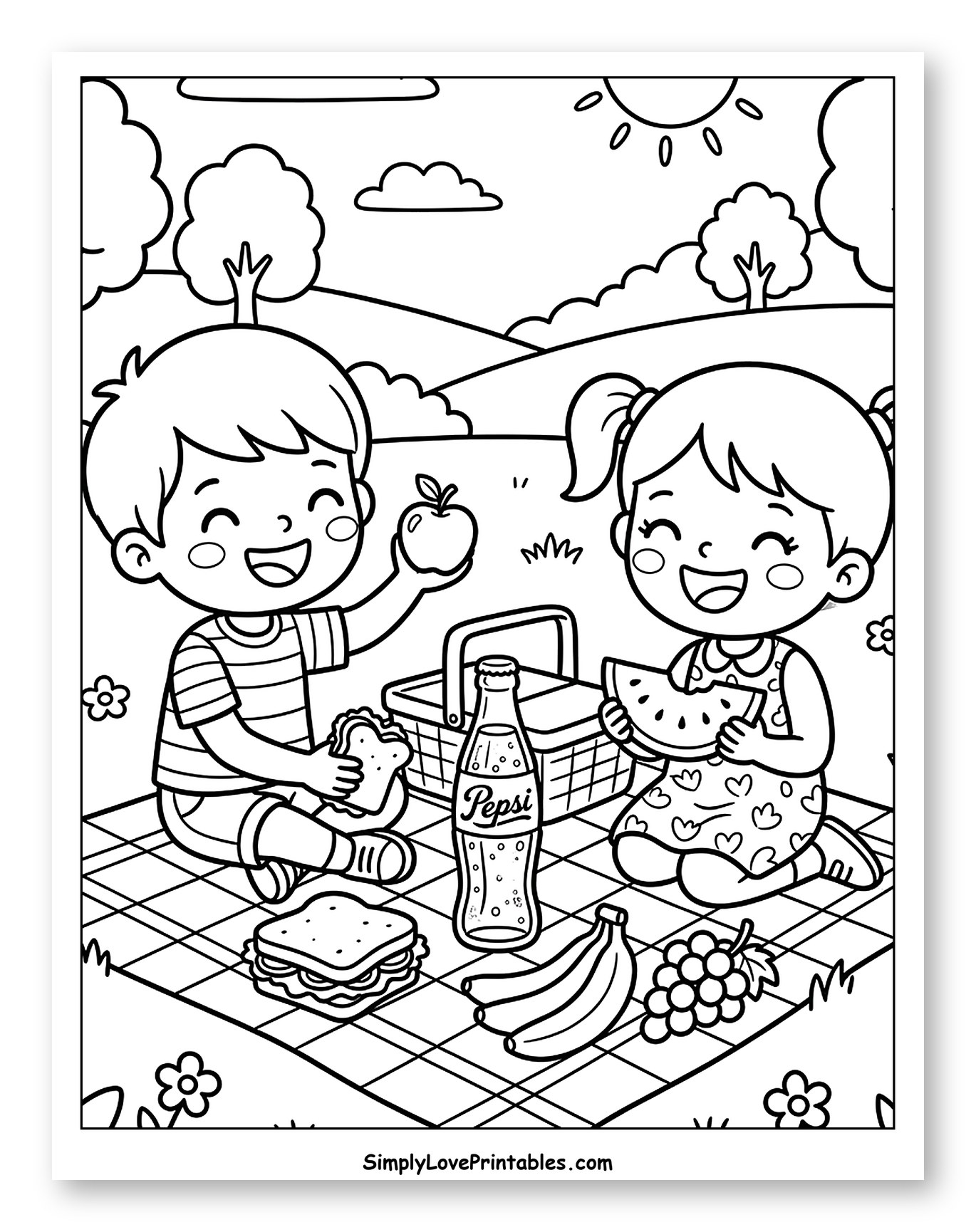 Kids Having a Picnic with Pepsi Coloring Sheet for Kids