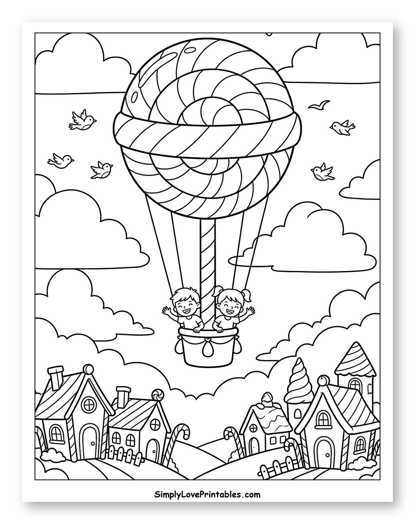Kids in Lollipop Hot Air Balloon over Candy Village to Color for Kids