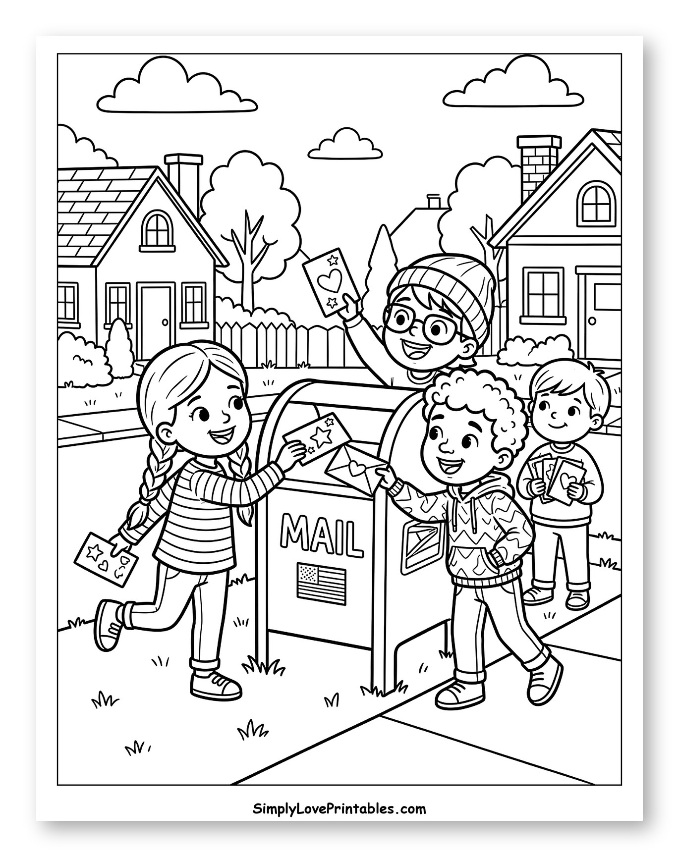 Kids Mailing Letters in a Neighborhood Coloring Sheet for Kids