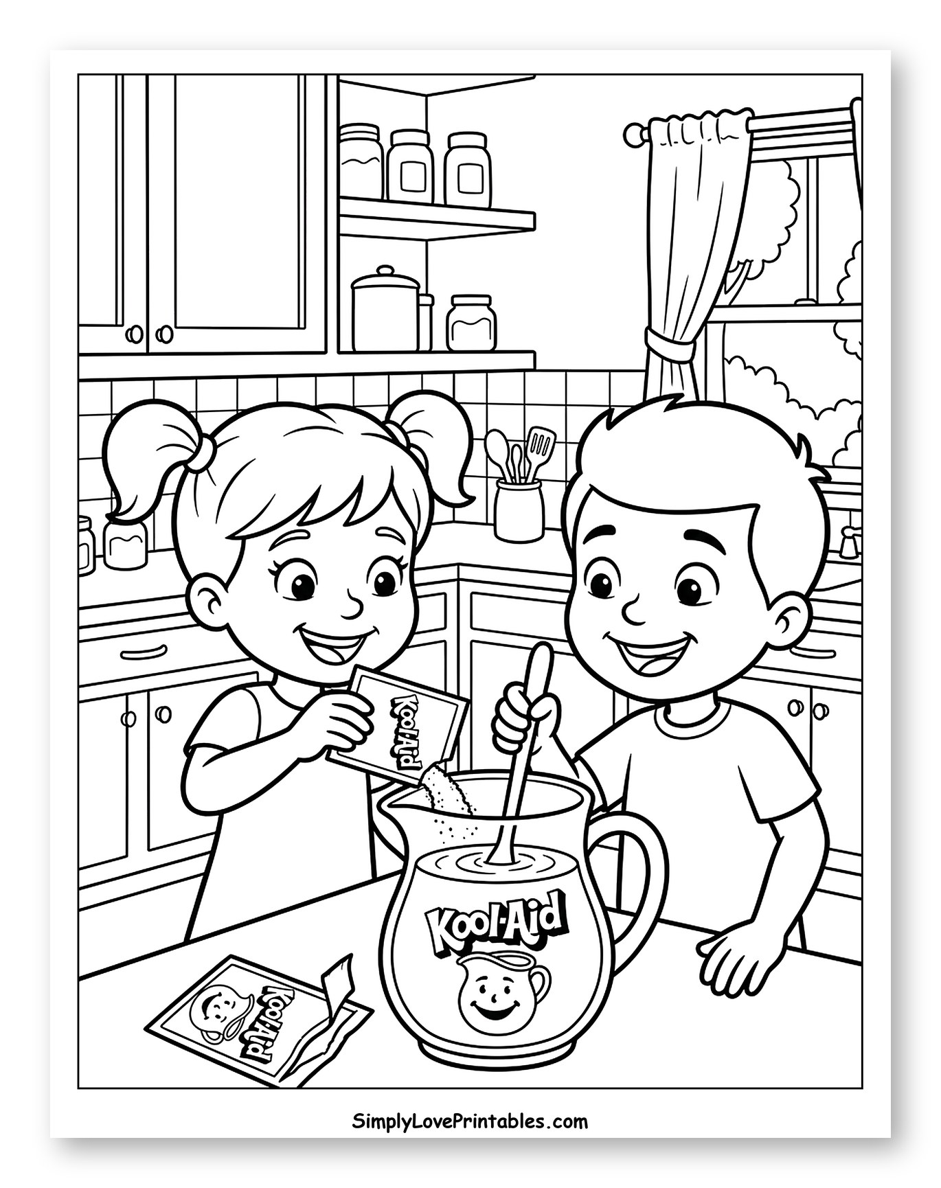 Kids Making Kool-Aid in the Kitchen Coloring Page for Kids