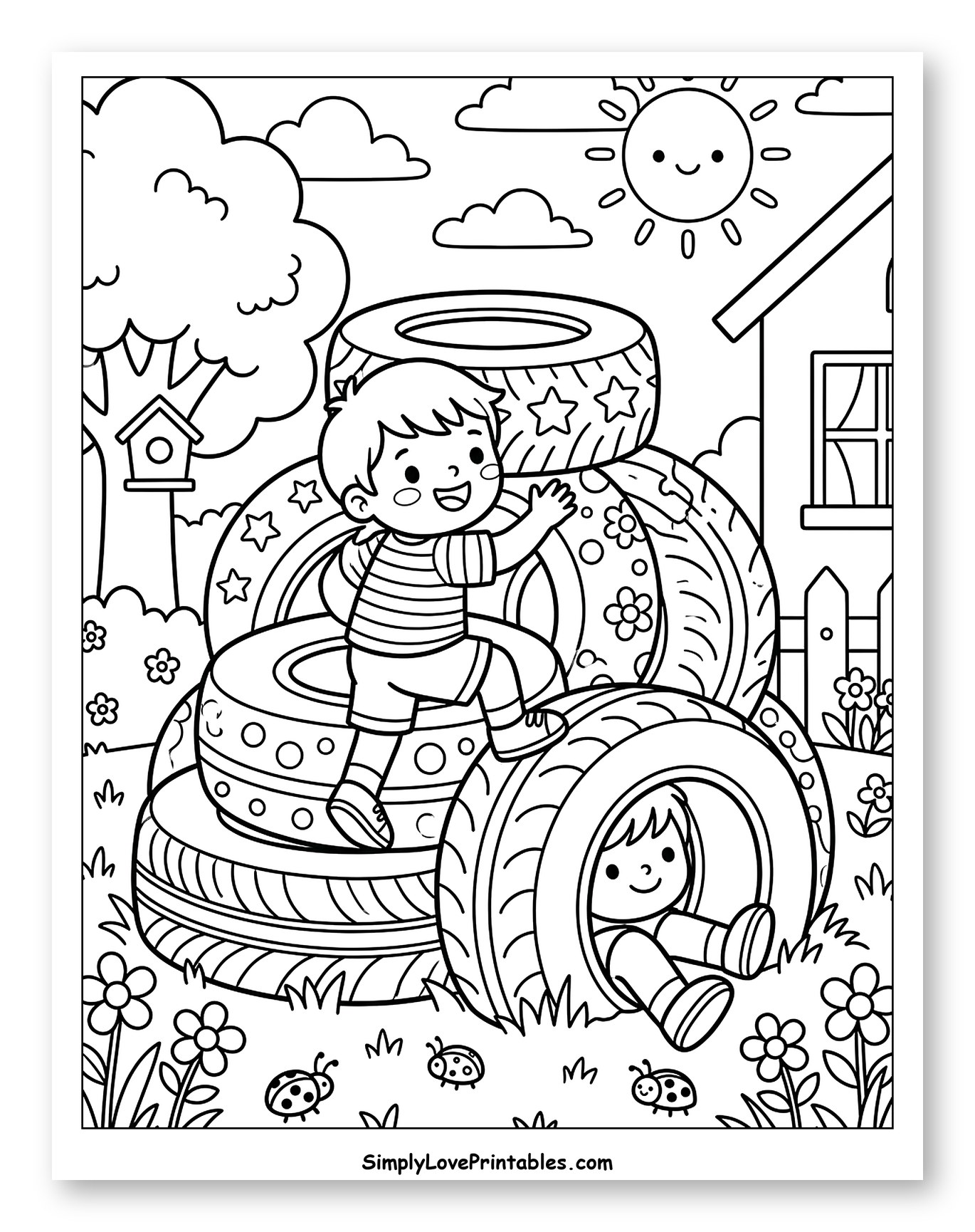 Kids Playing with Tires in the Yard