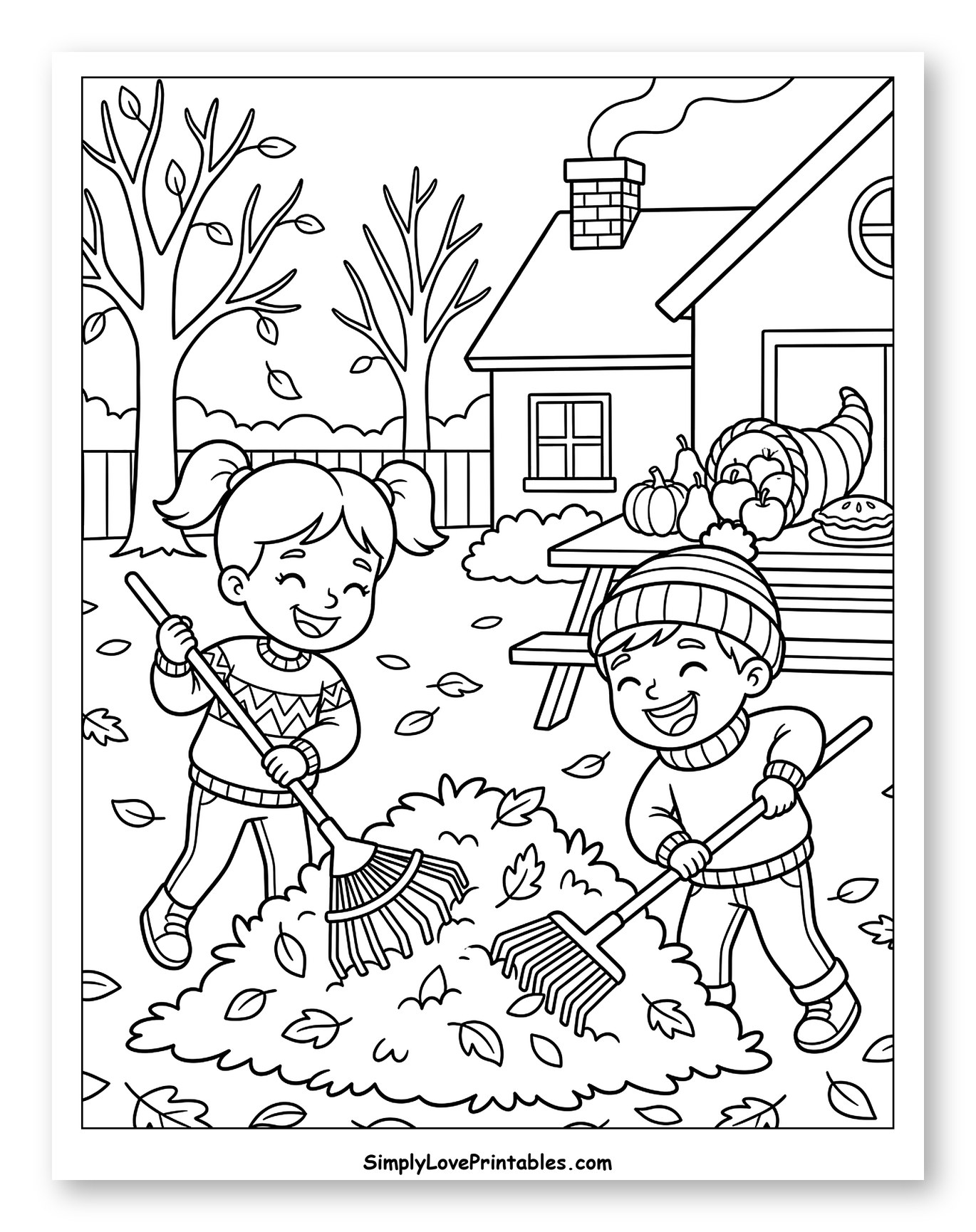 Kids Raking Autumn Leaves in Backyard