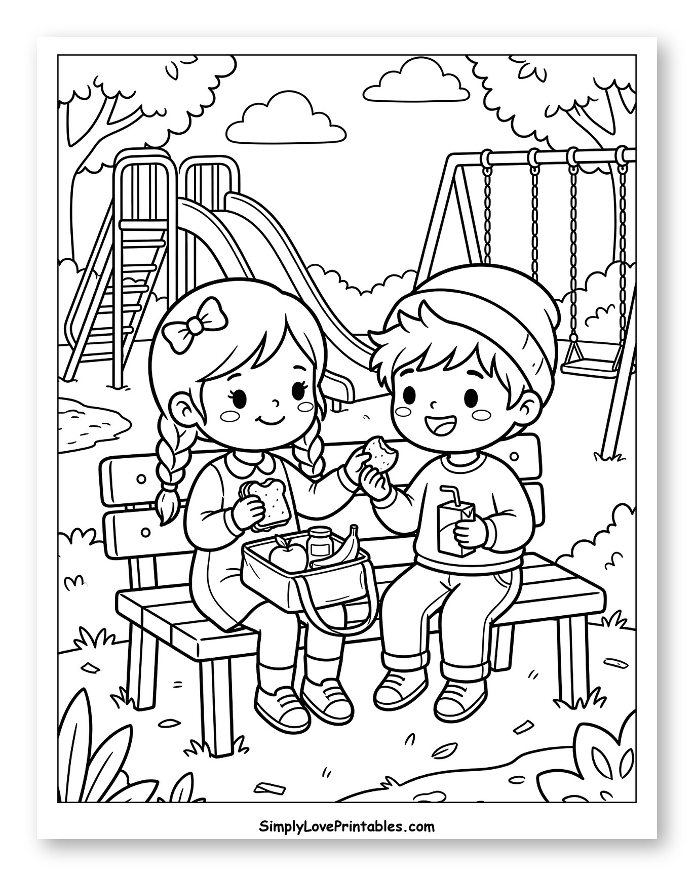 Kids Sharing Lunch at Playground to Color for Kids