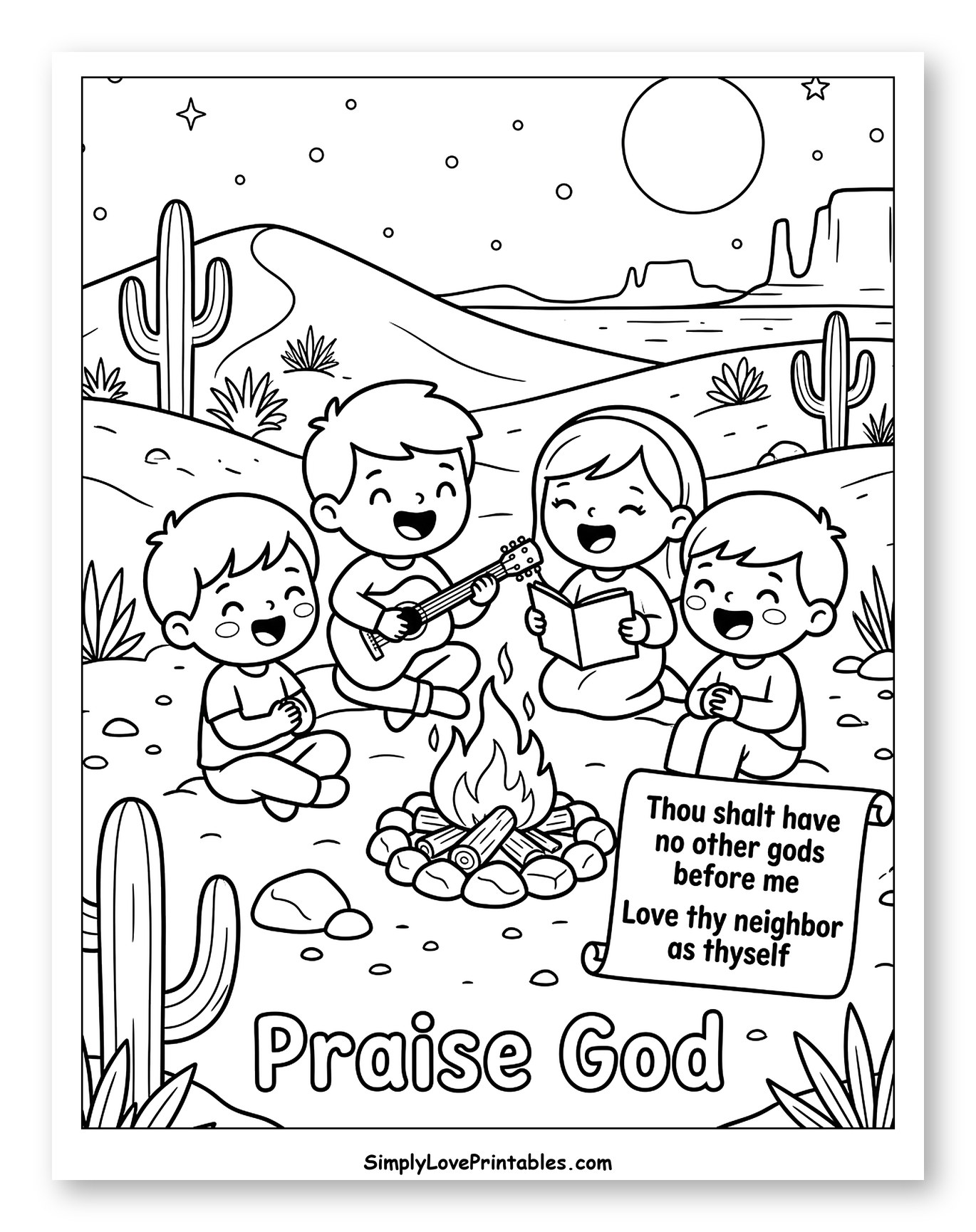 Kids Singing Around Campfire to Color for Kids