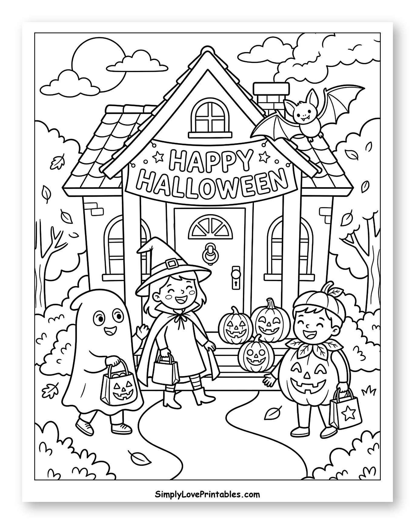 Kids Trick-or-Treating at a Halloween House to Color for Kids