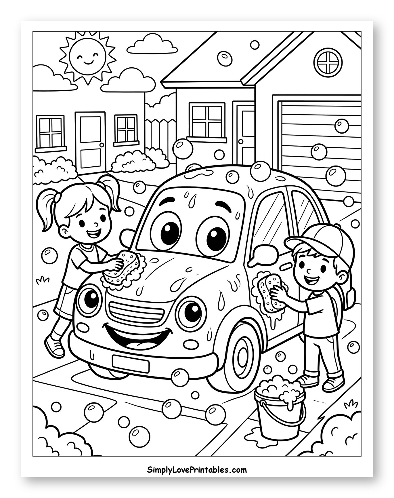 Kids Washing a Smiling Car with Bubbles