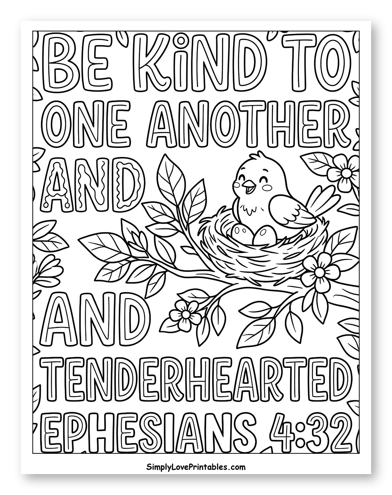 Kindness Bible Verse with Bird and Nest Coloring Page for Kids