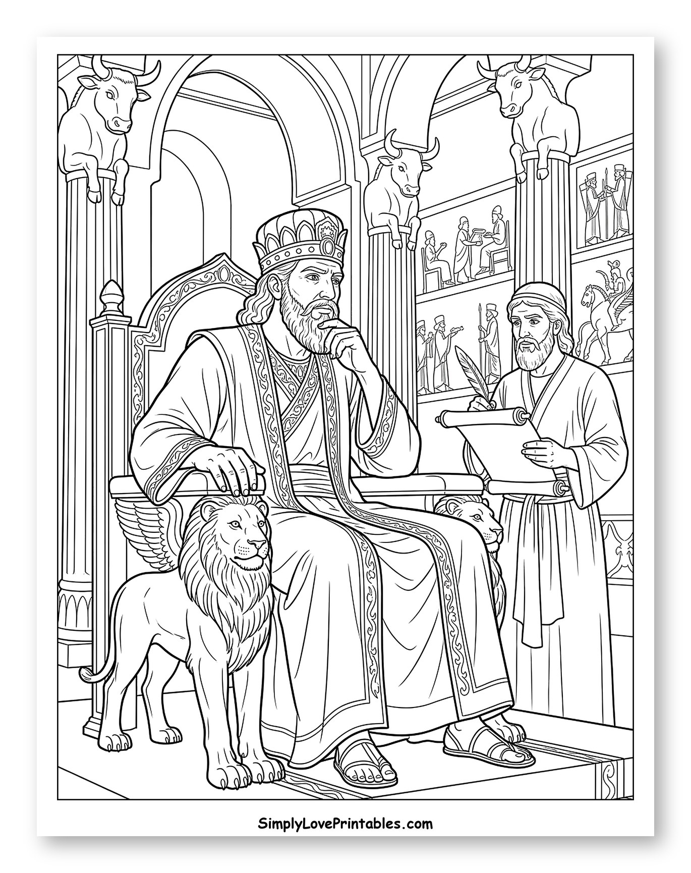 King on Throne with Scribe and Winged Lion