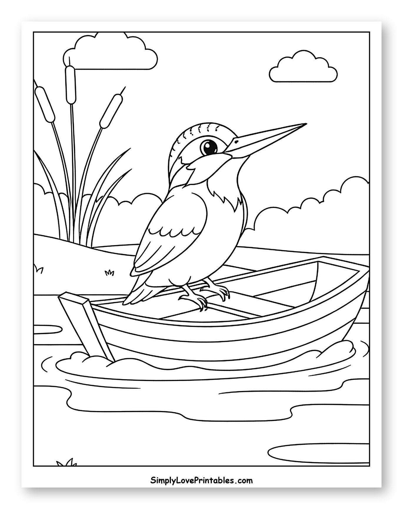 Kingfisher Bird in a Rowboat Coloring Sheet for Kids