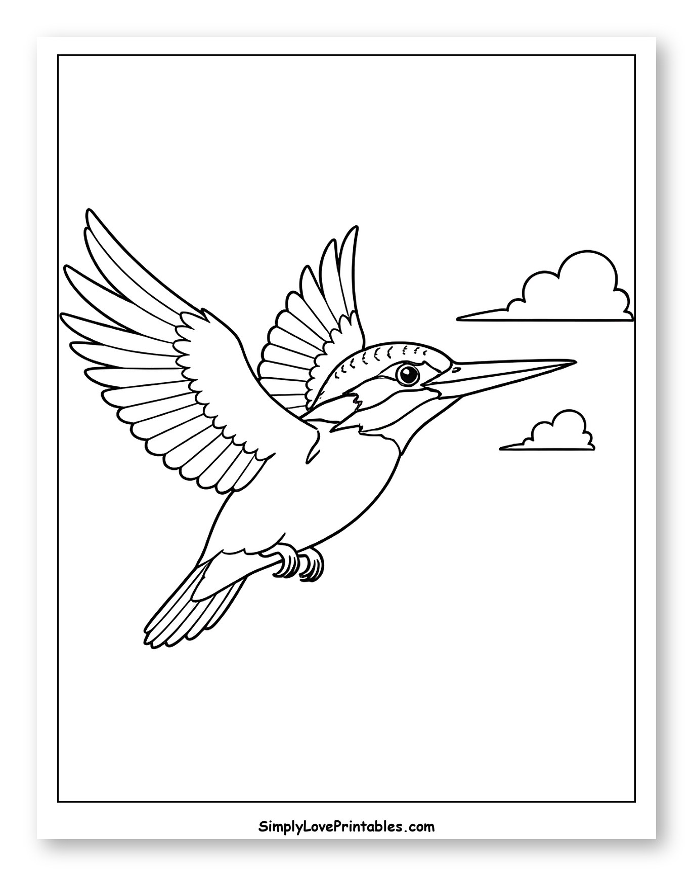 Kingfisher Bird in Flight with Clouds to Color for Toddlers