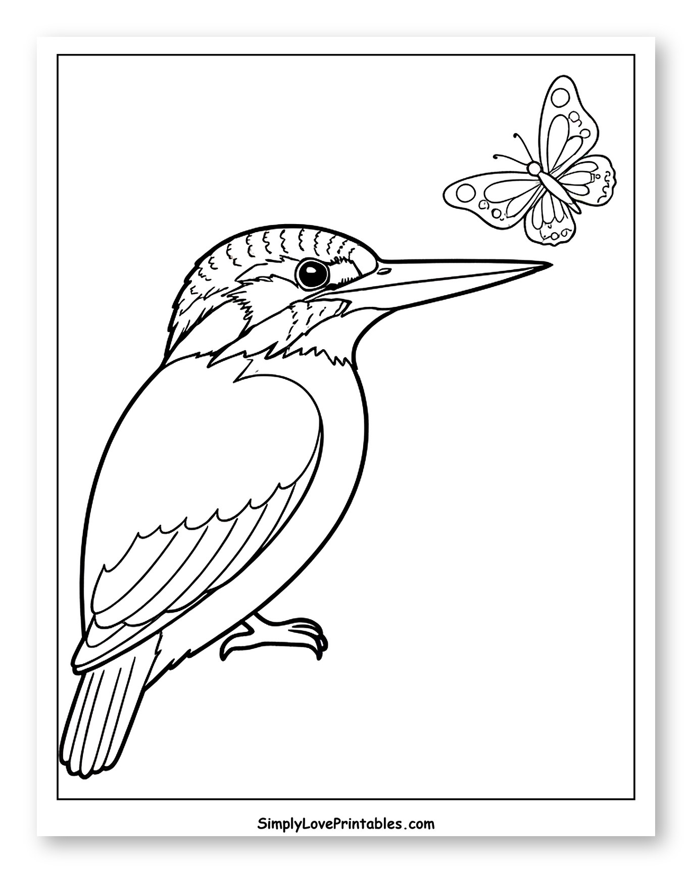 Kingfisher Bird Looking at a Butterfly to Color for Toddlers