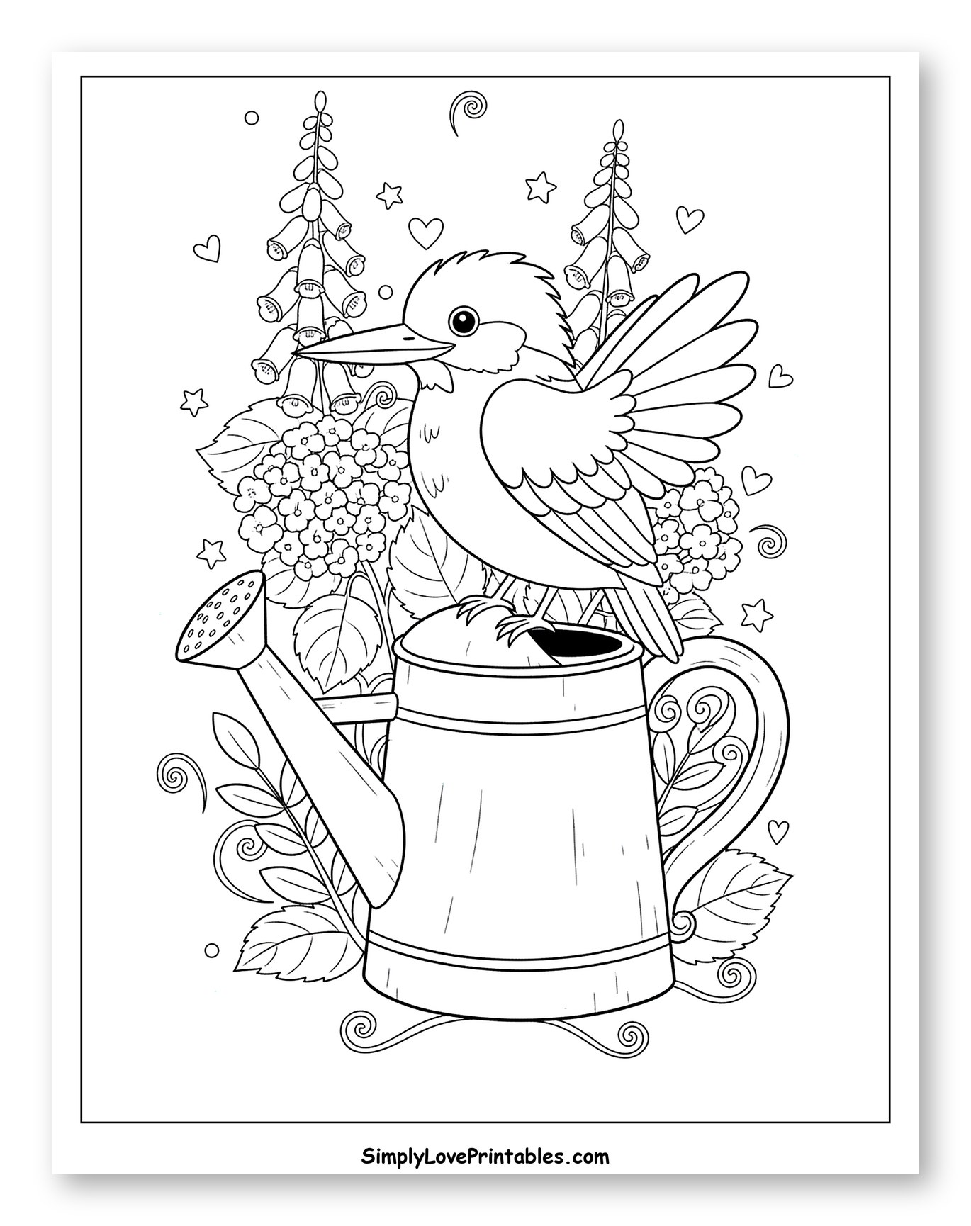 Kingfisher Bird Perched on a Watering Can to Color for Adults