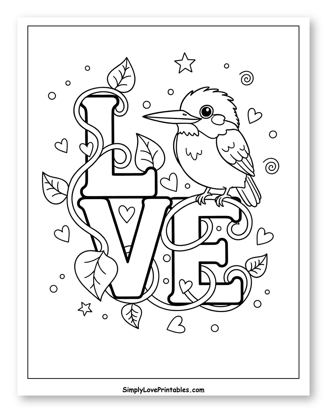 Kingfisher Bird Perched on "LOVE" to Color for Adults