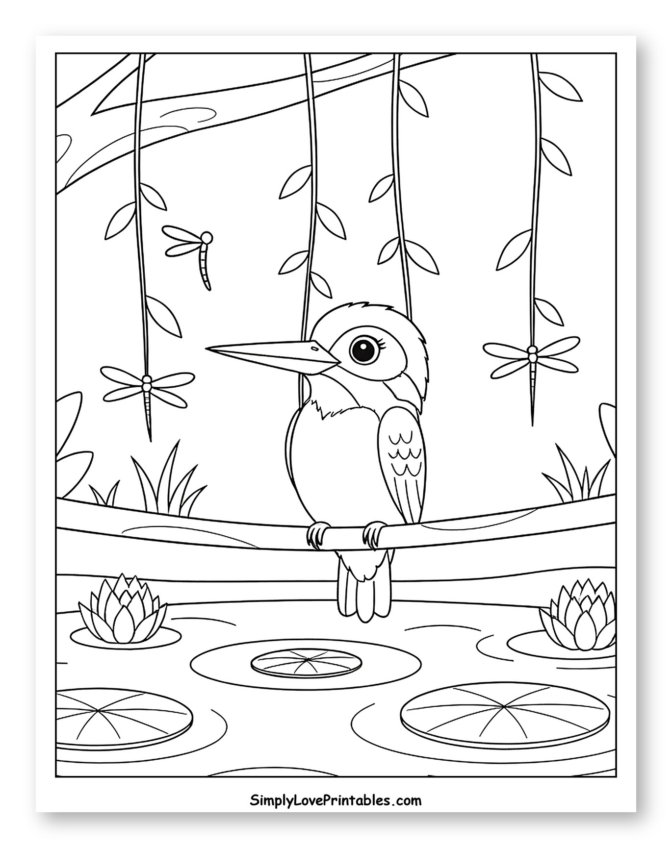 Kingfisher by a Pond with Water Lilies Coloring Sheet for Kids