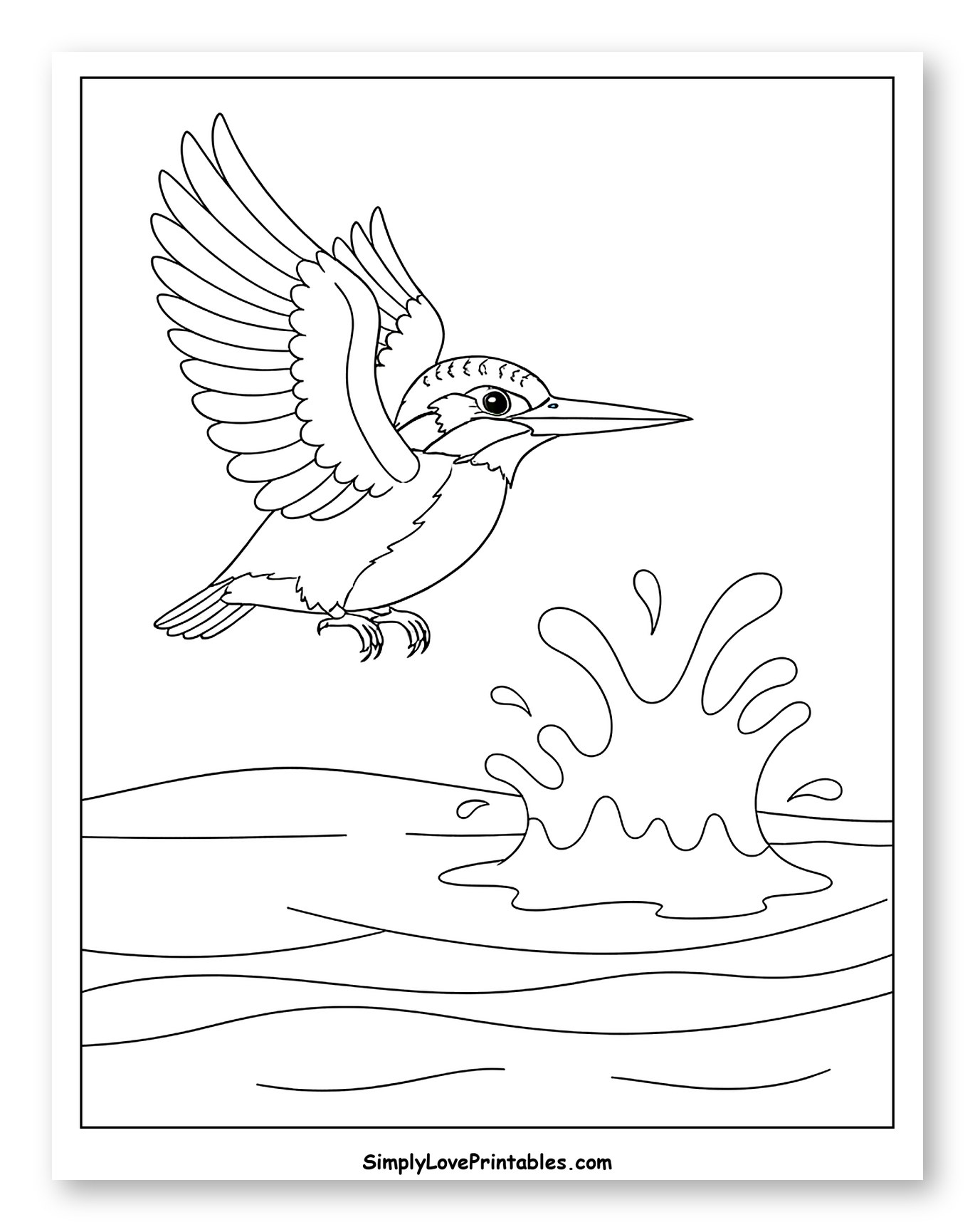 Kingfisher Diving into Water with Splash Coloring Sheet for Toddlers