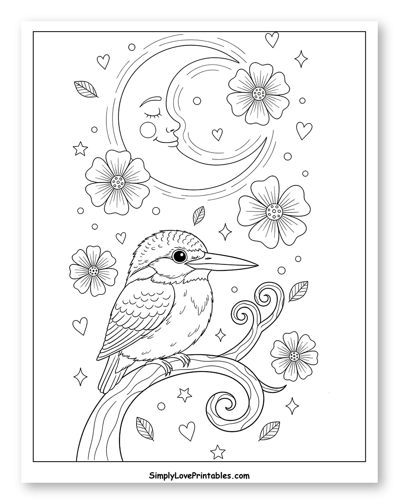 Kingfisher on a Branch with Moon and Flowers Coloring Sheet for Adults