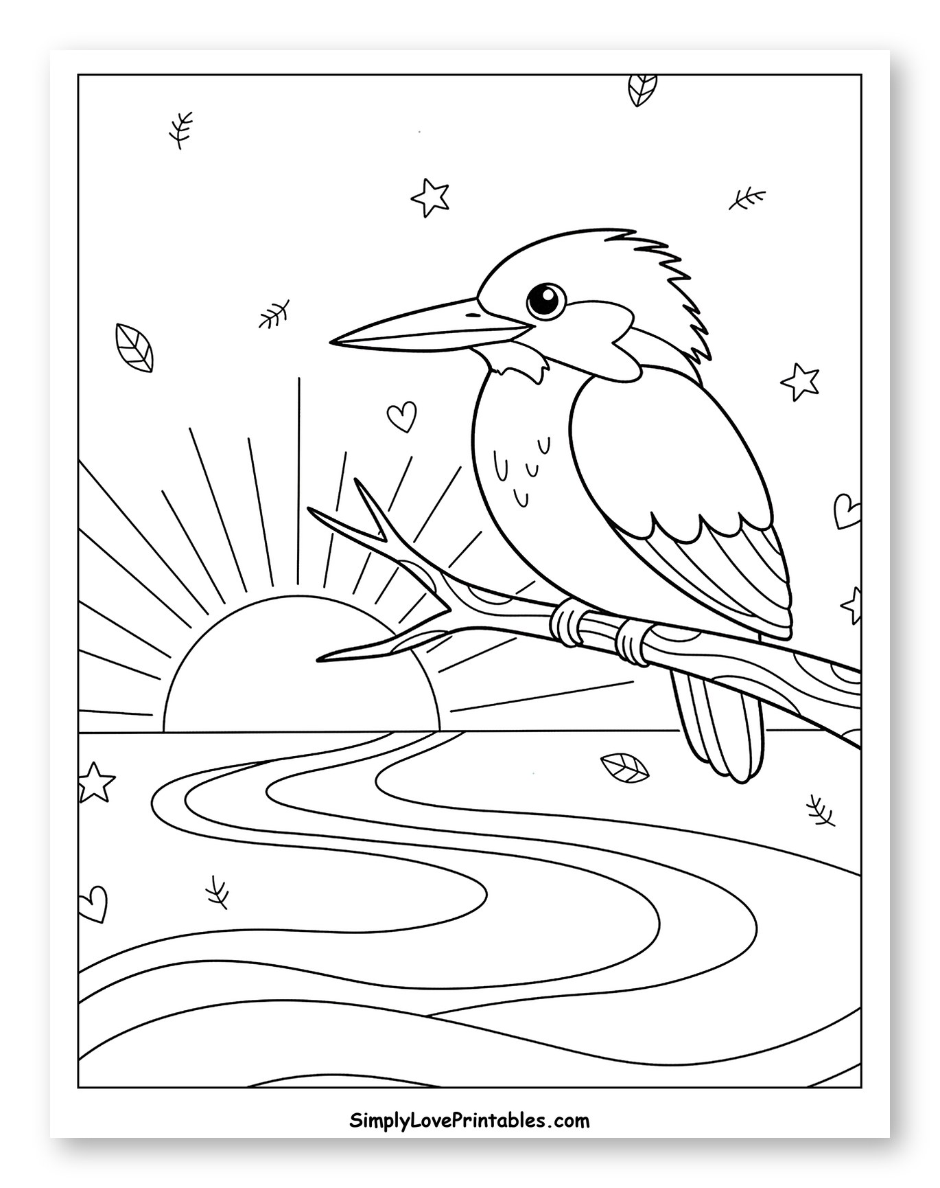 Kingfisher Perched by a River at Sunrise Coloring Page for Adults