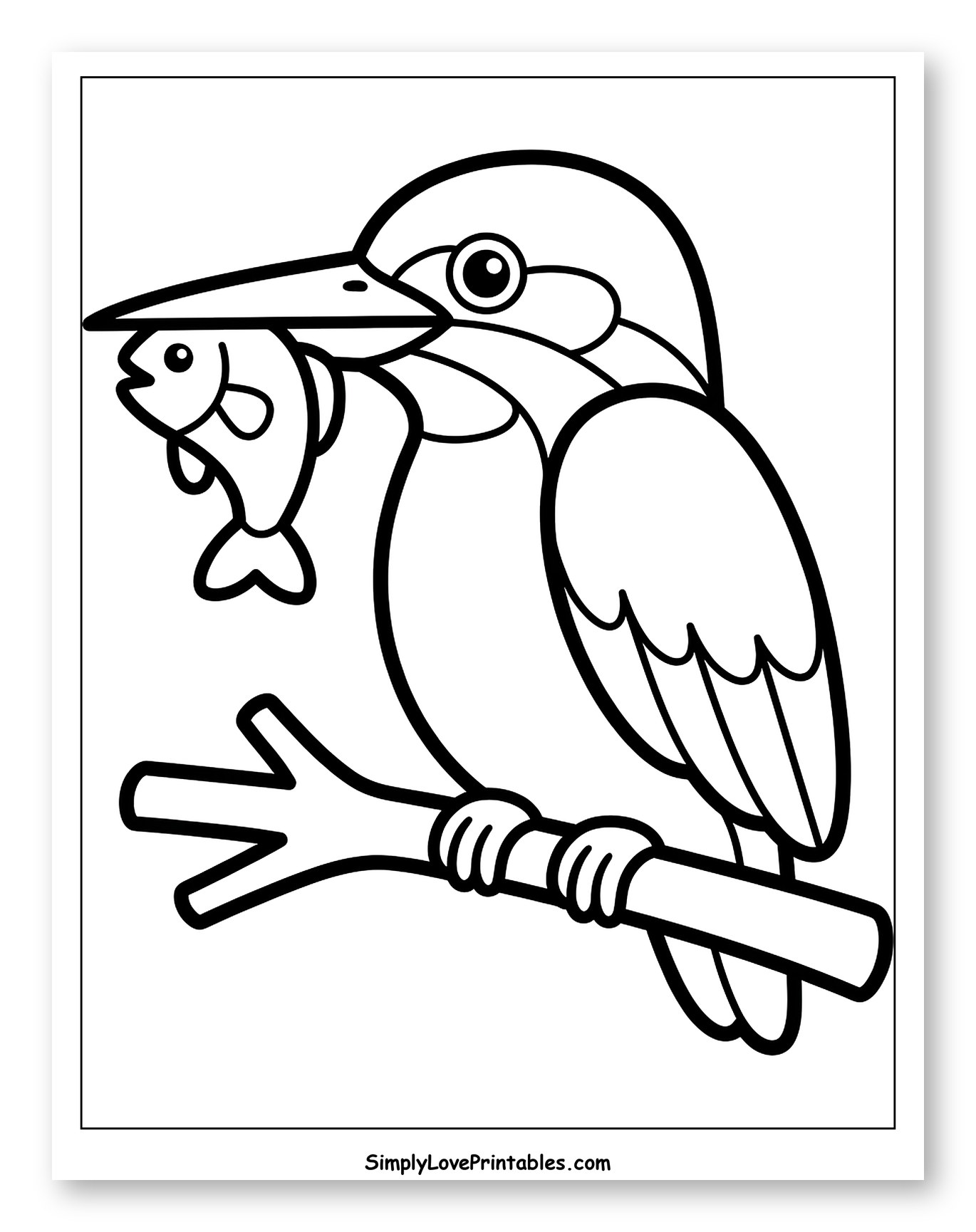 Kingfisher Perched on Branch with Fish to Color for Toddlers