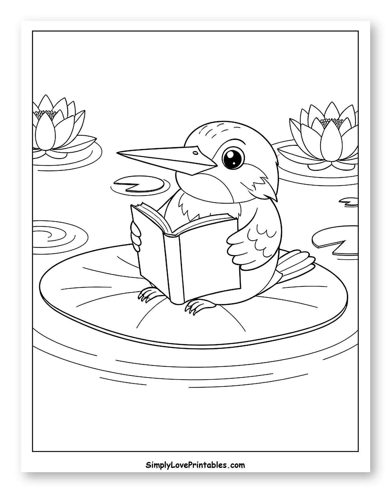 Kingfisher Reading a Book on a Lily Pad Coloring Page for Kids