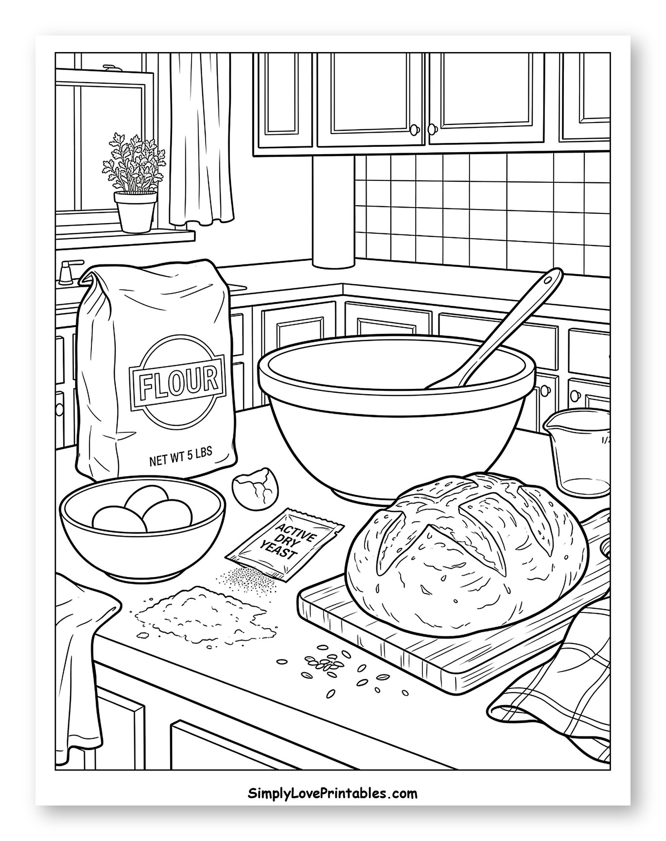 Kitchen Counter with Bread Baking Ingredients to Color